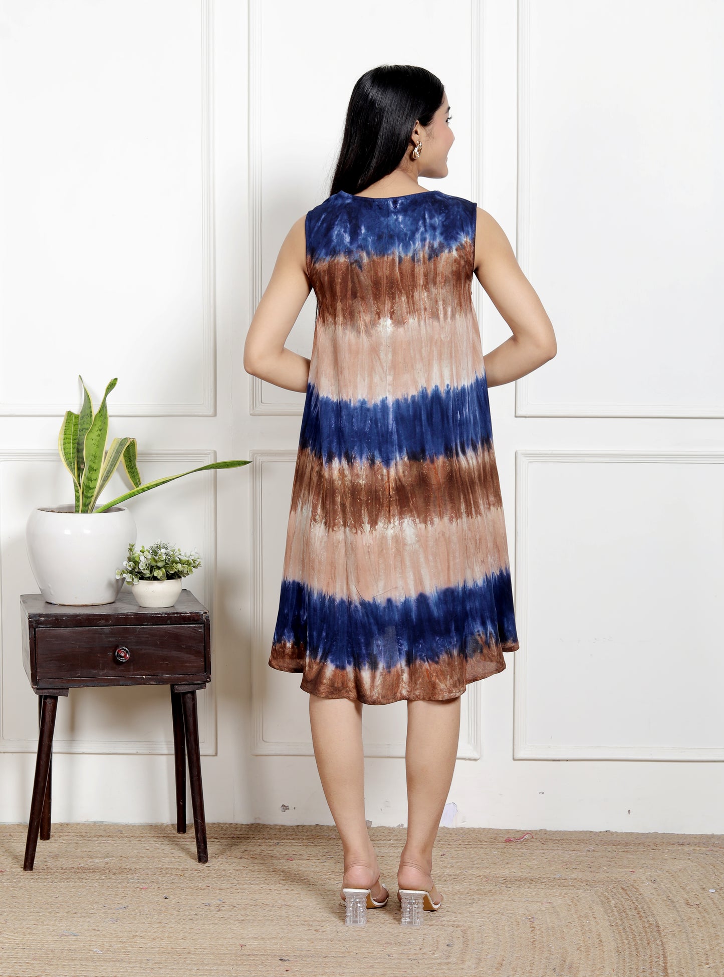 Sakura Women's Handmade Tie-Dye A-Line Dress | Sleeveless Rayon Staple Frock