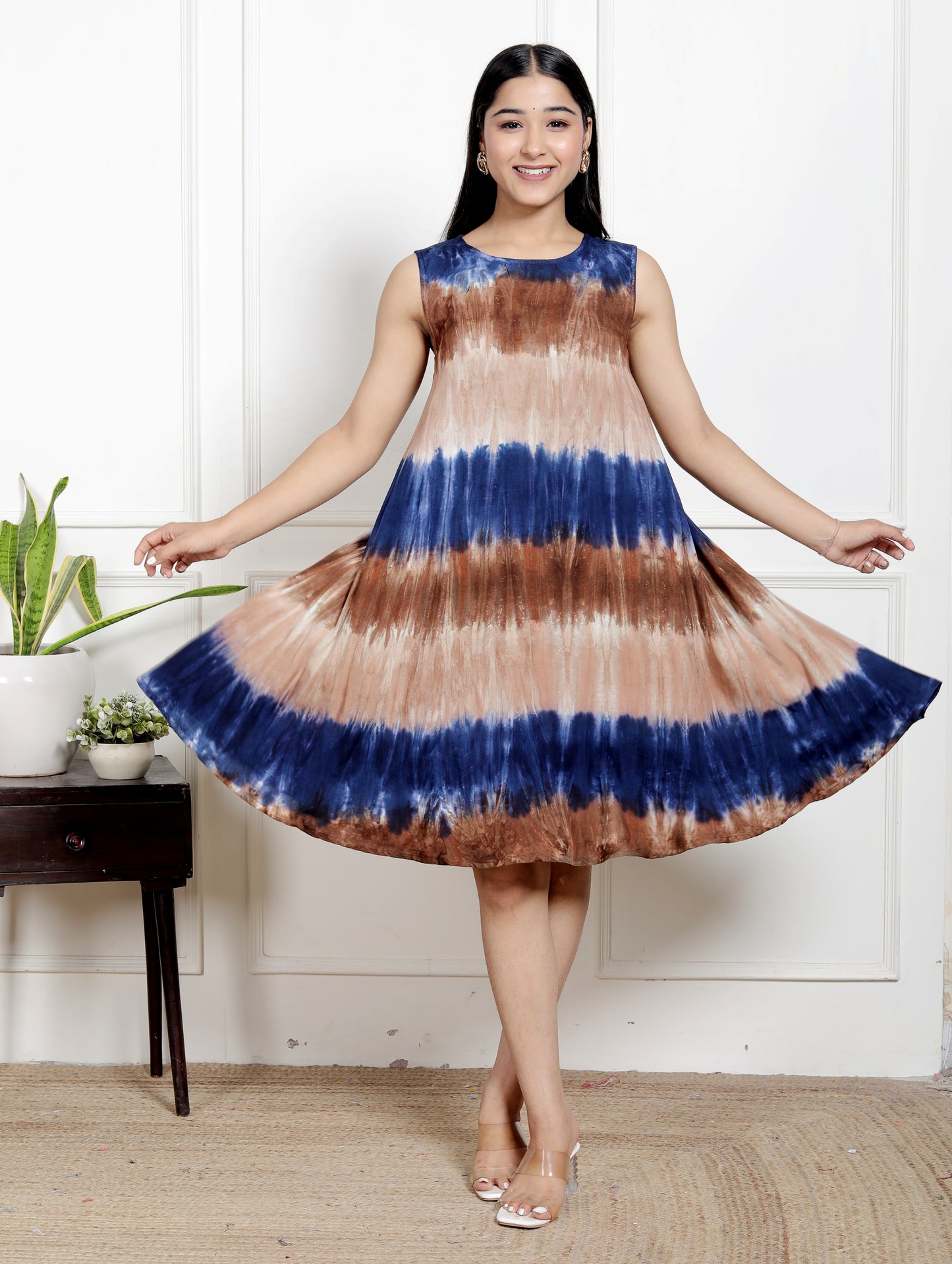 Sakura Women's Handmade Tie-Dye A-Line Dress | Sleeveless Rayon Staple Frock