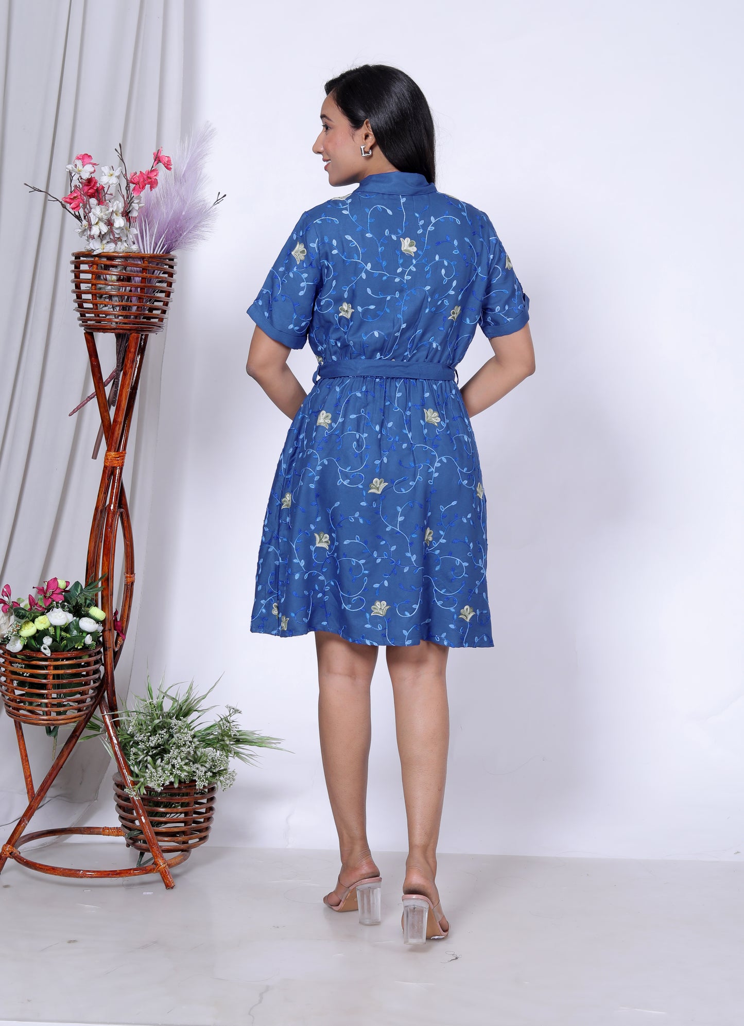 Sakura Women's Blue Floral Shirt Dress with Waist Tie – Premium Rayon Twill