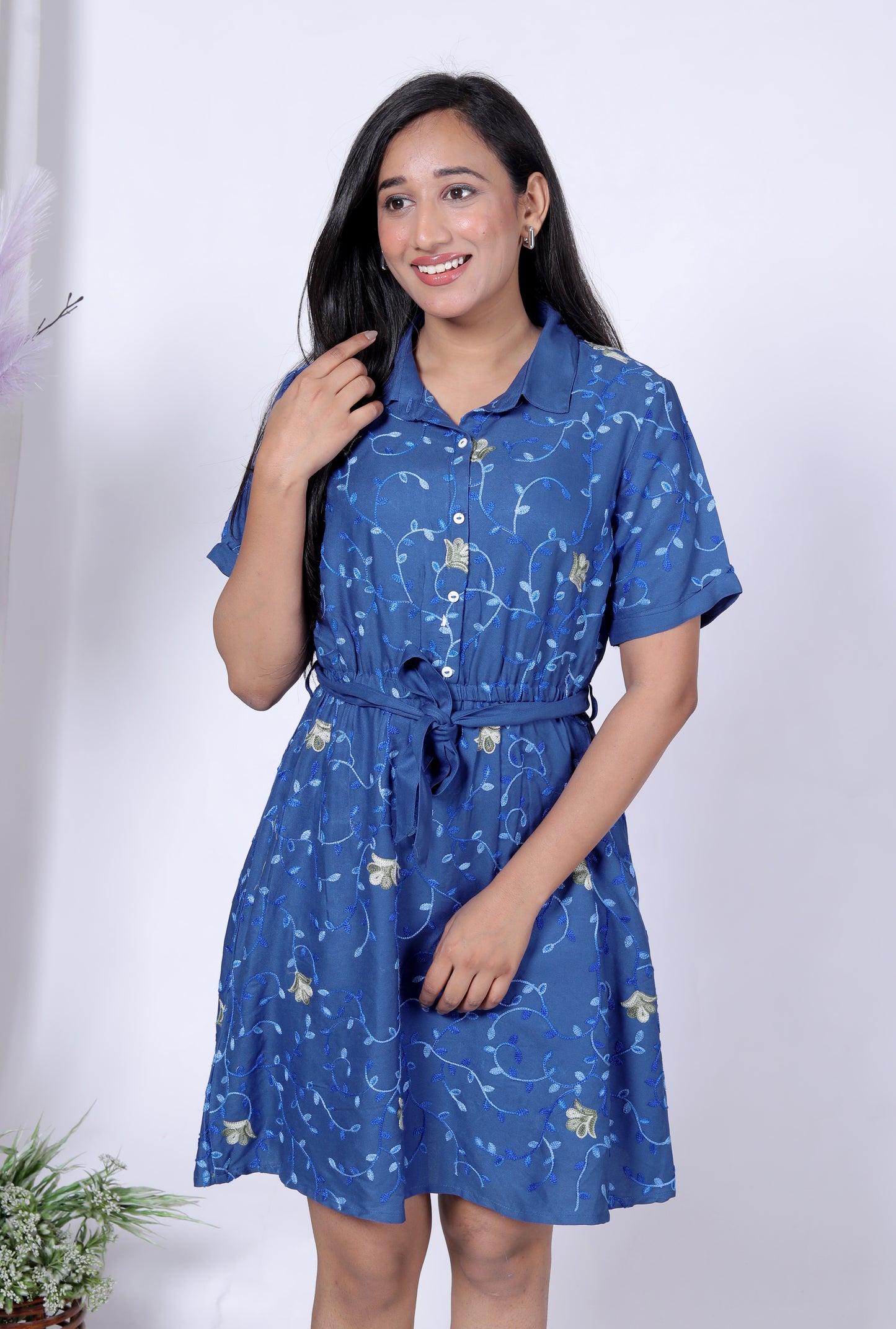 Sakura Women's Blue Floral Shirt Dress with Waist Tie – Premium Rayon Twill