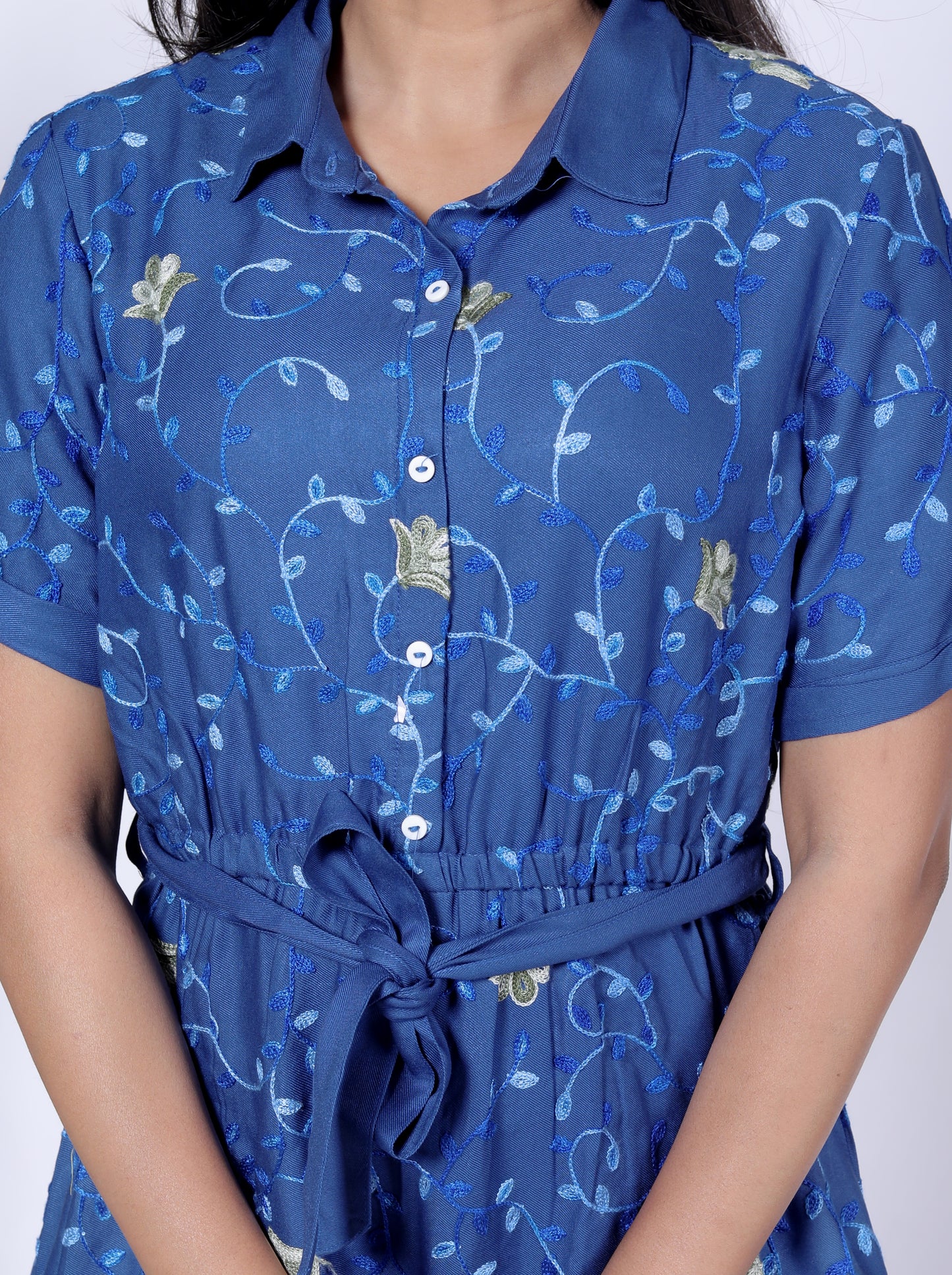 Sakura Women's Blue Floral Shirt Dress with Waist Tie – Premium Rayon Twill