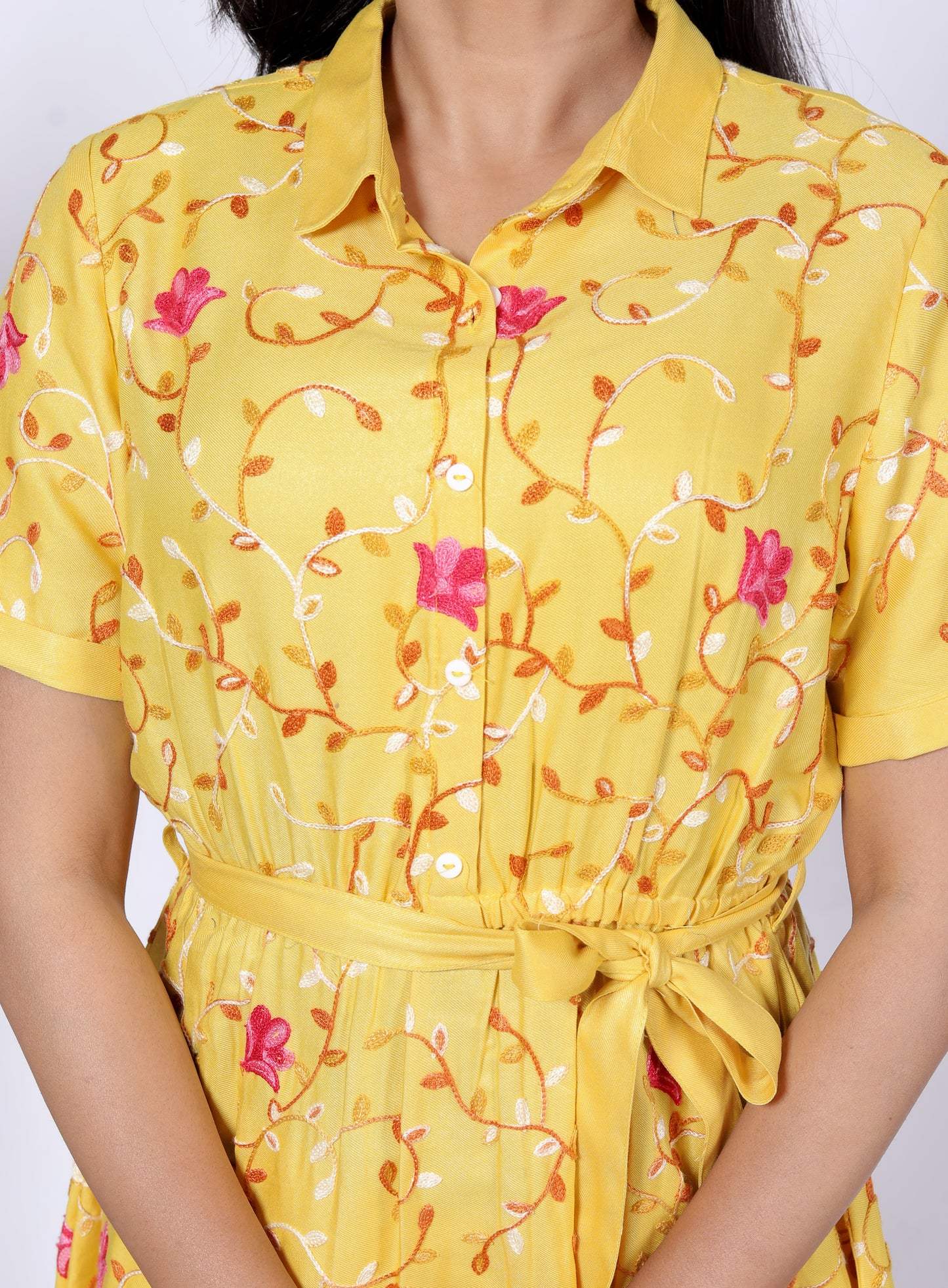 Sakura Women's Yellow Shirt Dress with All-Over Aari Embroidery – Premium Rayon Twill