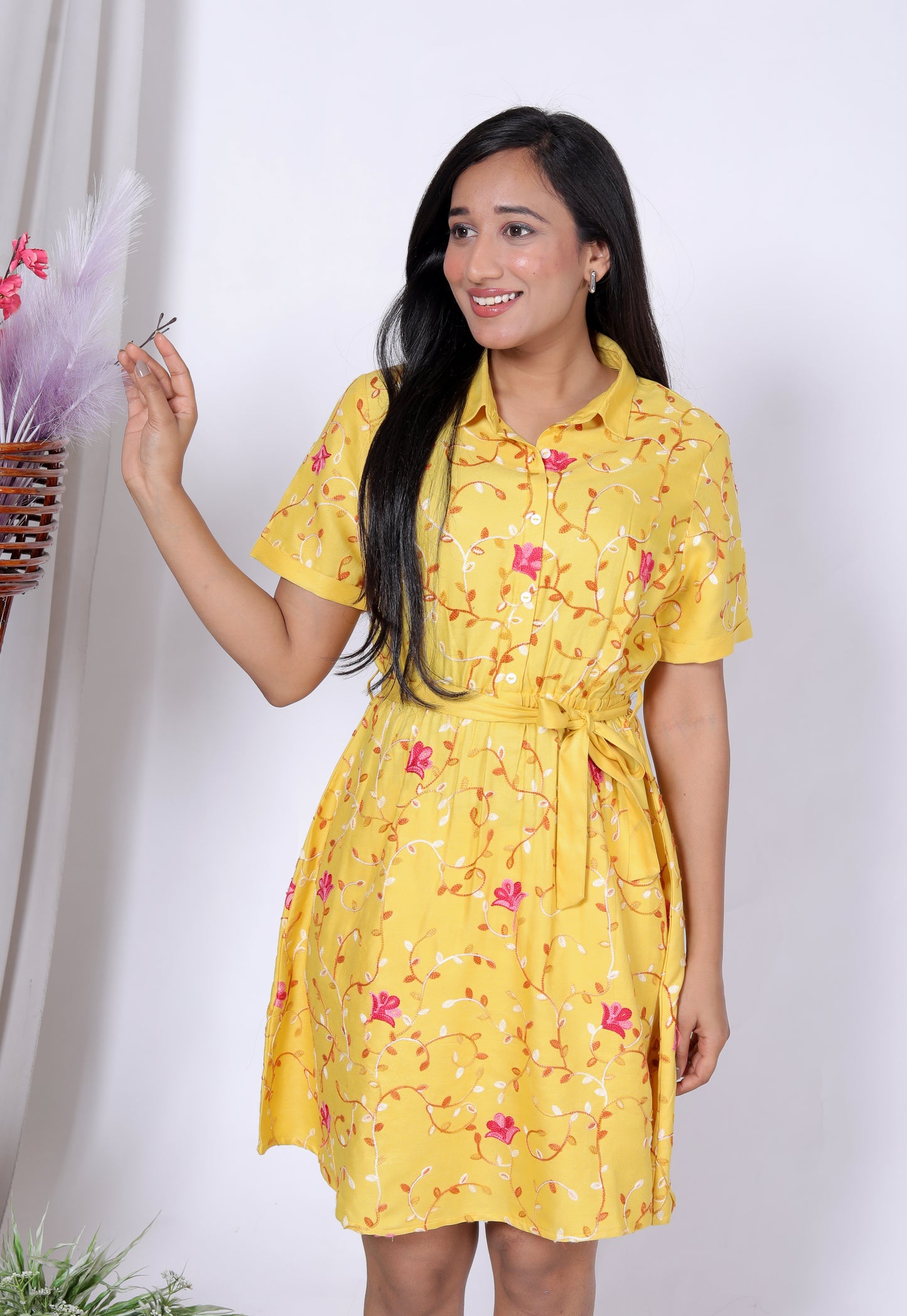 Sakura Women's Yellow Shirt Dress with All-Over Aari Embroidery – Premium Rayon Twill