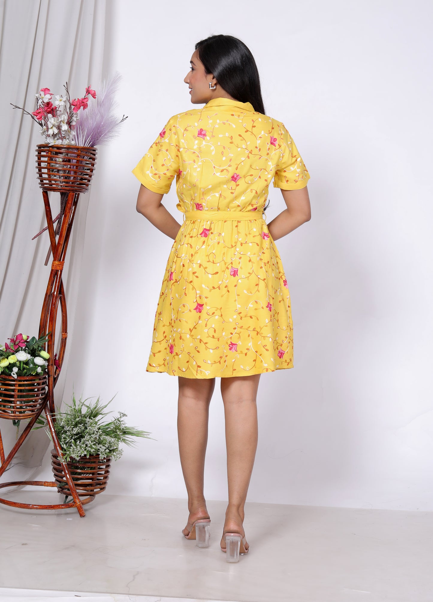 Sakura Women's Yellow Shirt Dress with All-Over Aari Embroidery – Premium Rayon Twill