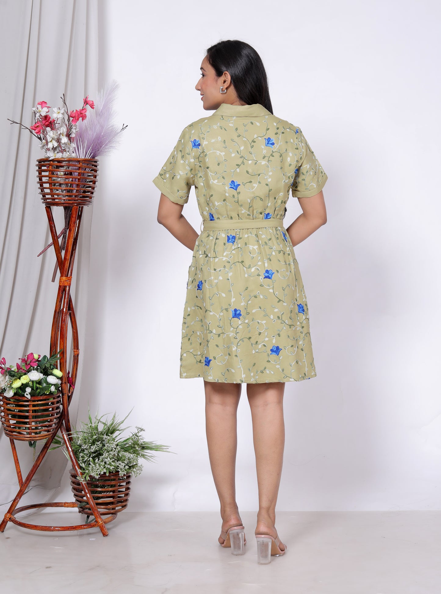 Sakura Women's Olive Green Shirt Dress with Aari Embroidery – Premium Rayon Twill