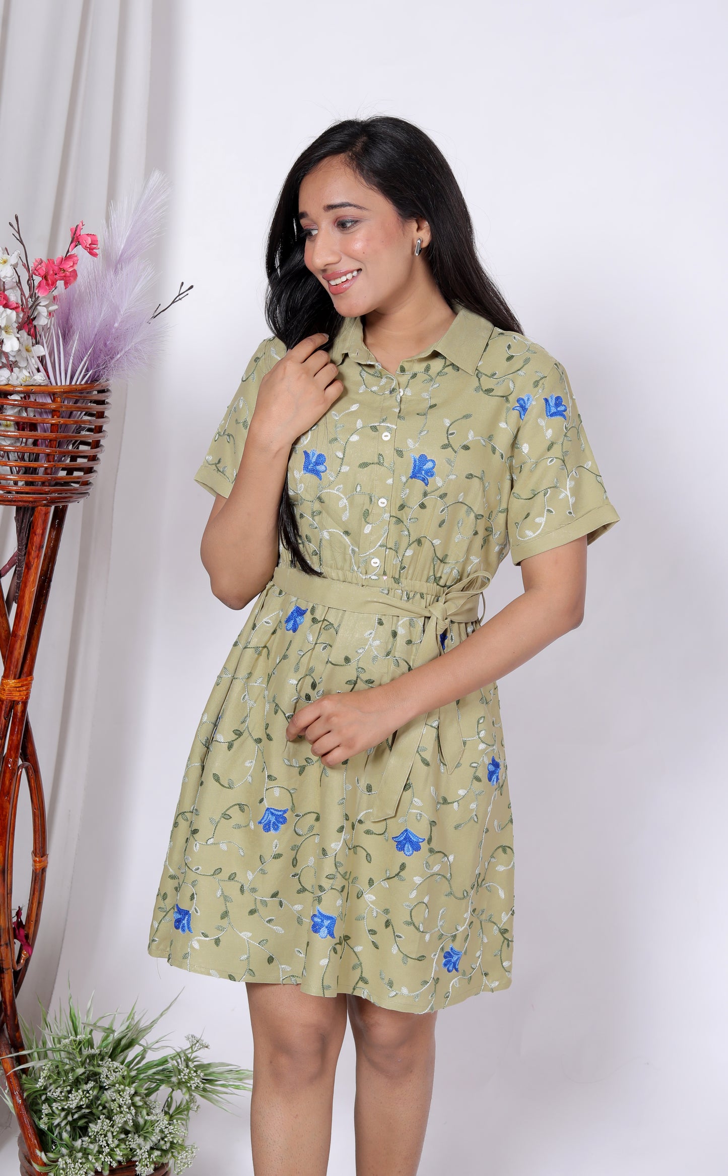 Sakura Women's Olive Green Shirt Dress with Aari Embroidery – Premium Rayon Twill