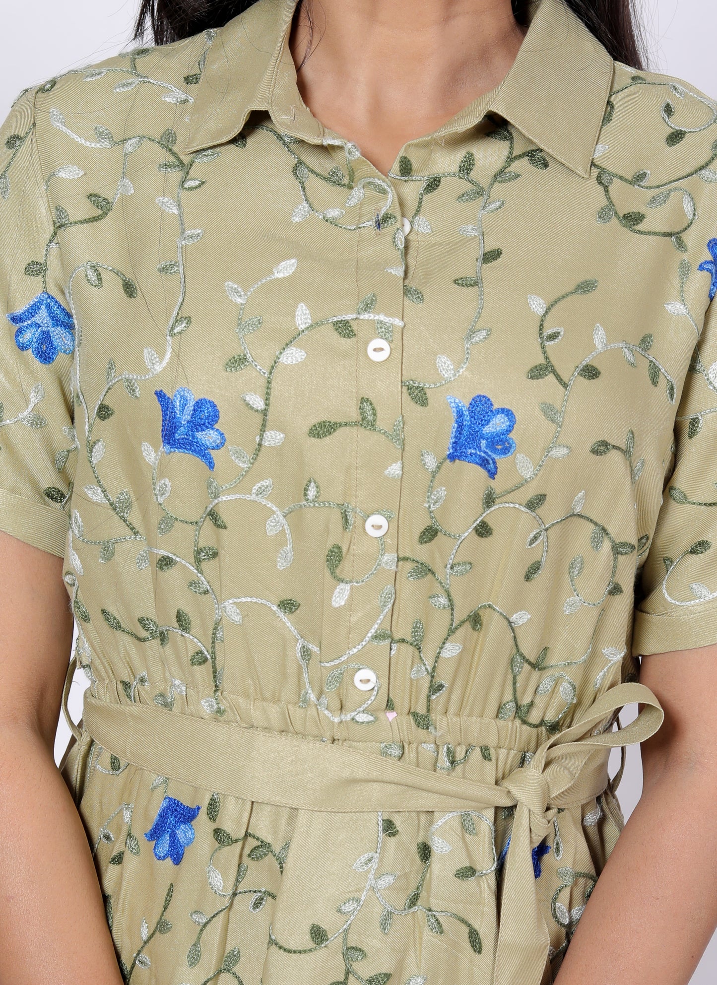 Sakura Women's Olive Green Shirt Dress with Aari Embroidery – Premium Rayon Twill