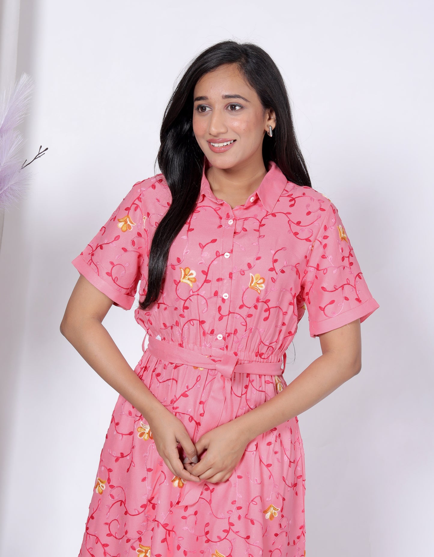 Sakura Women's Pink Aari Embroidered Shirt Dress – Premium Rayon Twill Fabric