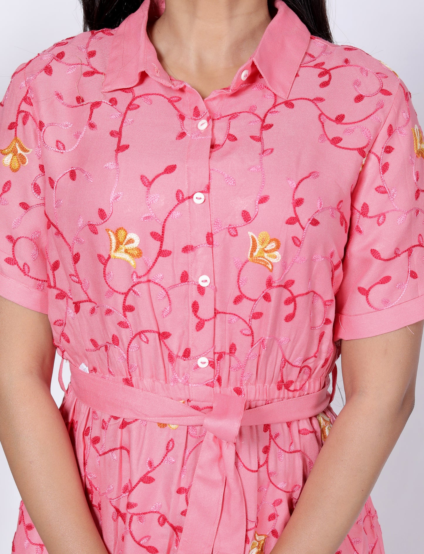 Sakura Women's Pink Aari Embroidered Shirt Dress – Premium Rayon Twill Fabric