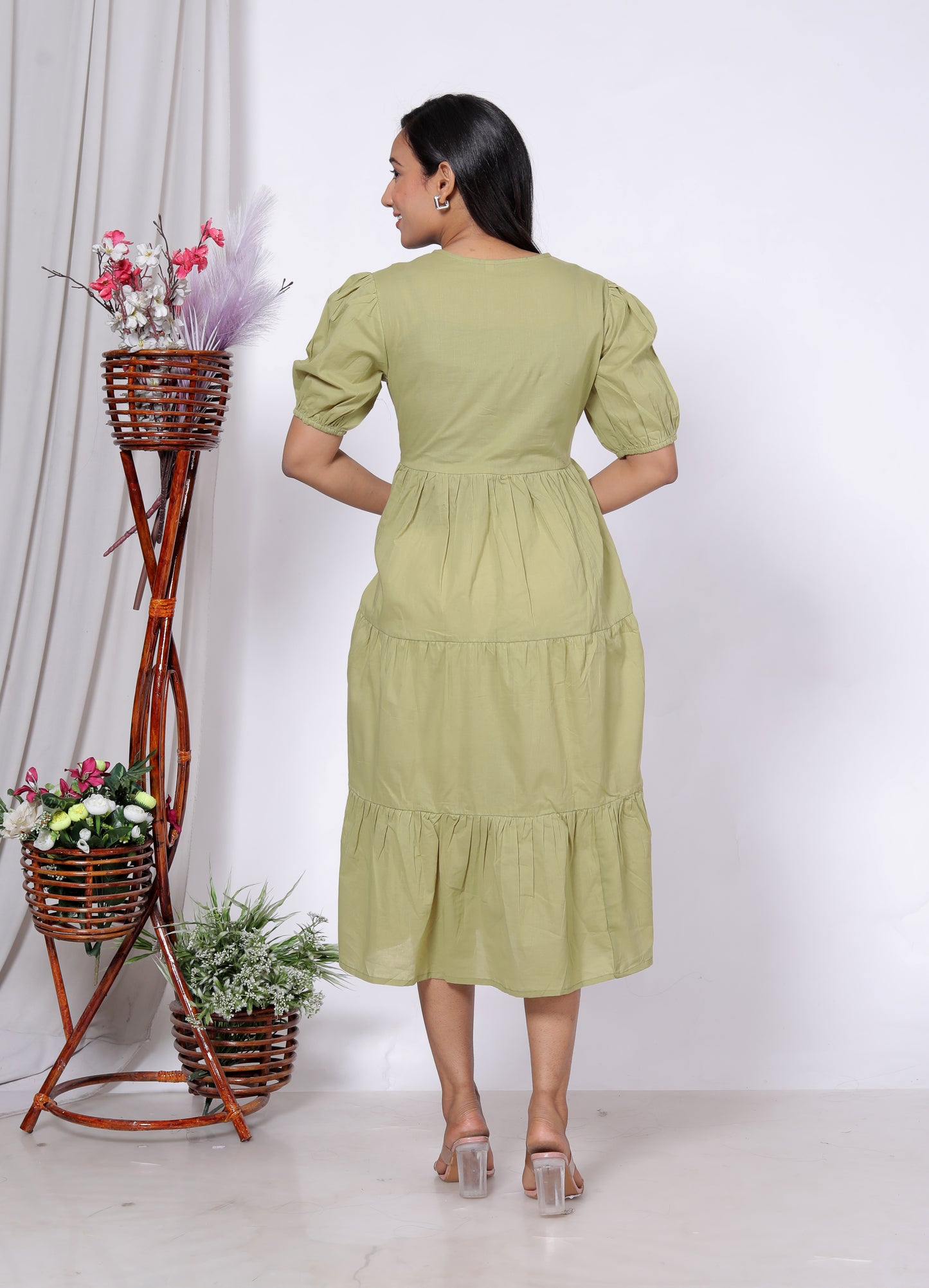 Solid Cotton Tiered Midi Dress with Puff Sleeves