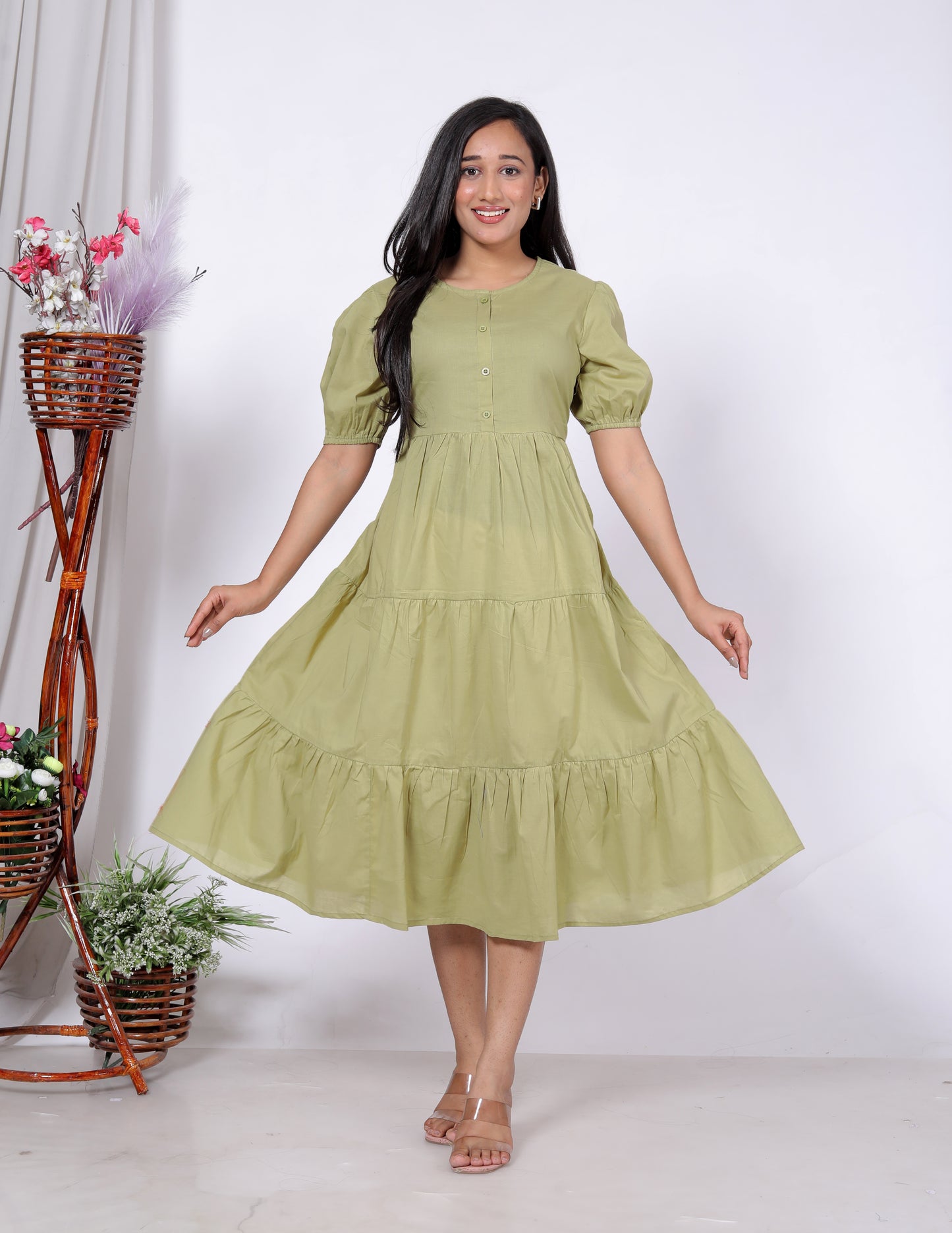 Solid Cotton Tiered Midi Dress with Puff Sleeves
