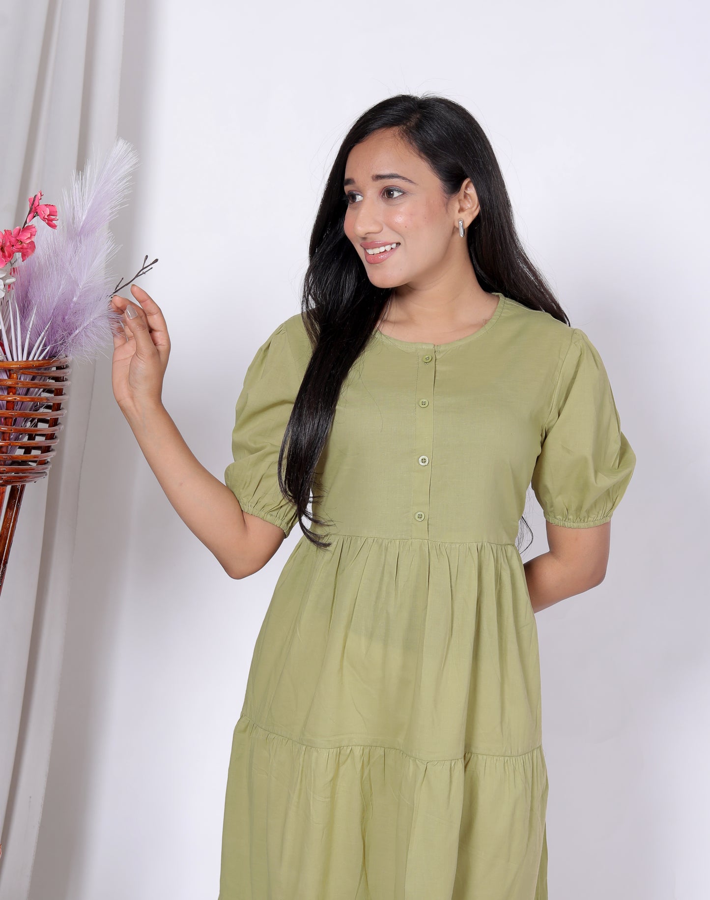 Solid Cotton Tiered Midi Dress with Puff Sleeves