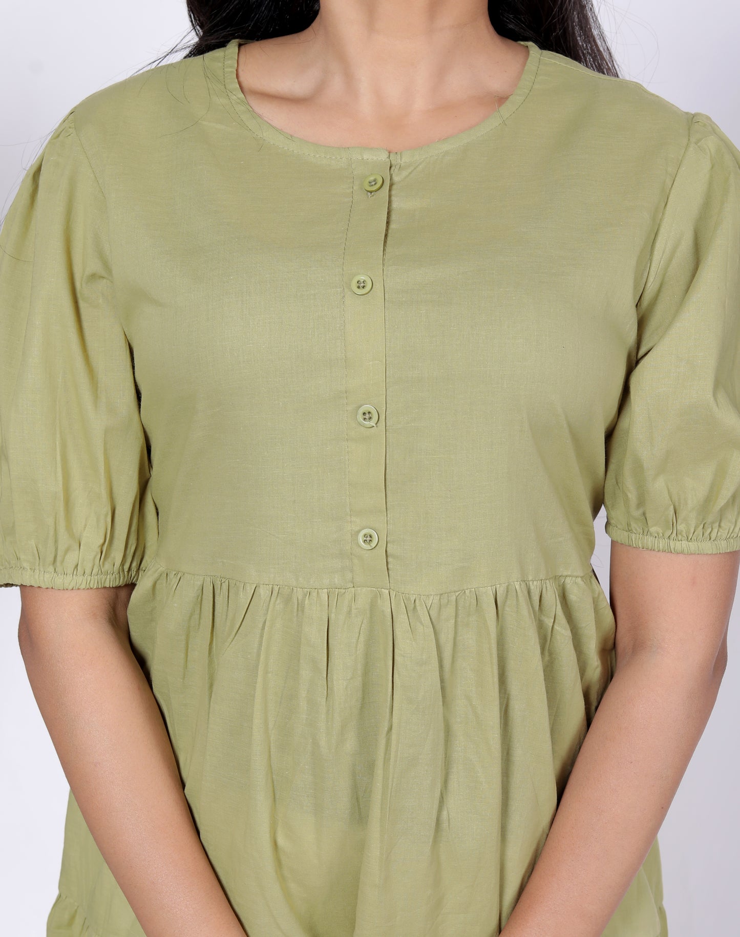 Solid Cotton Tiered Midi Dress with Puff Sleeves