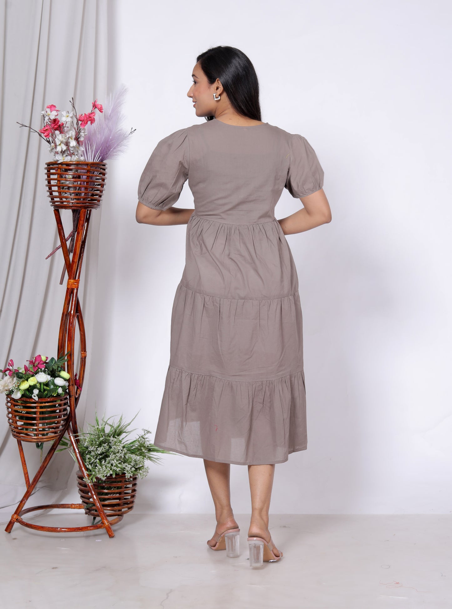 Solid Cotton Tiered Midi Dress with Puff Sleeves