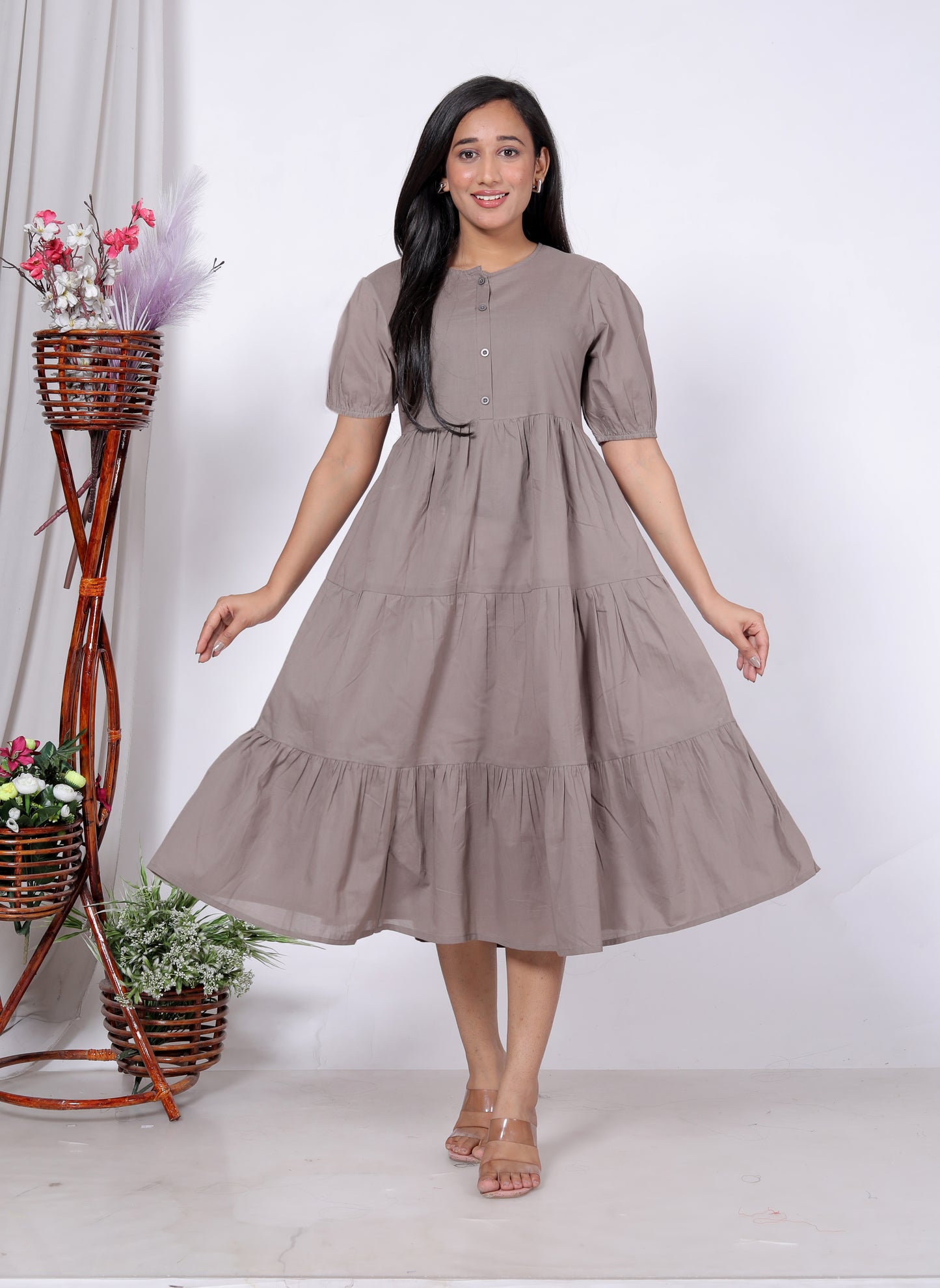 Solid Cotton Tiered Midi Dress with Puff Sleeves