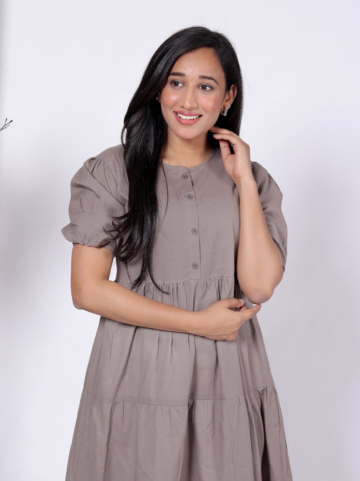 Solid Cotton Tiered Midi Dress with Puff Sleeves