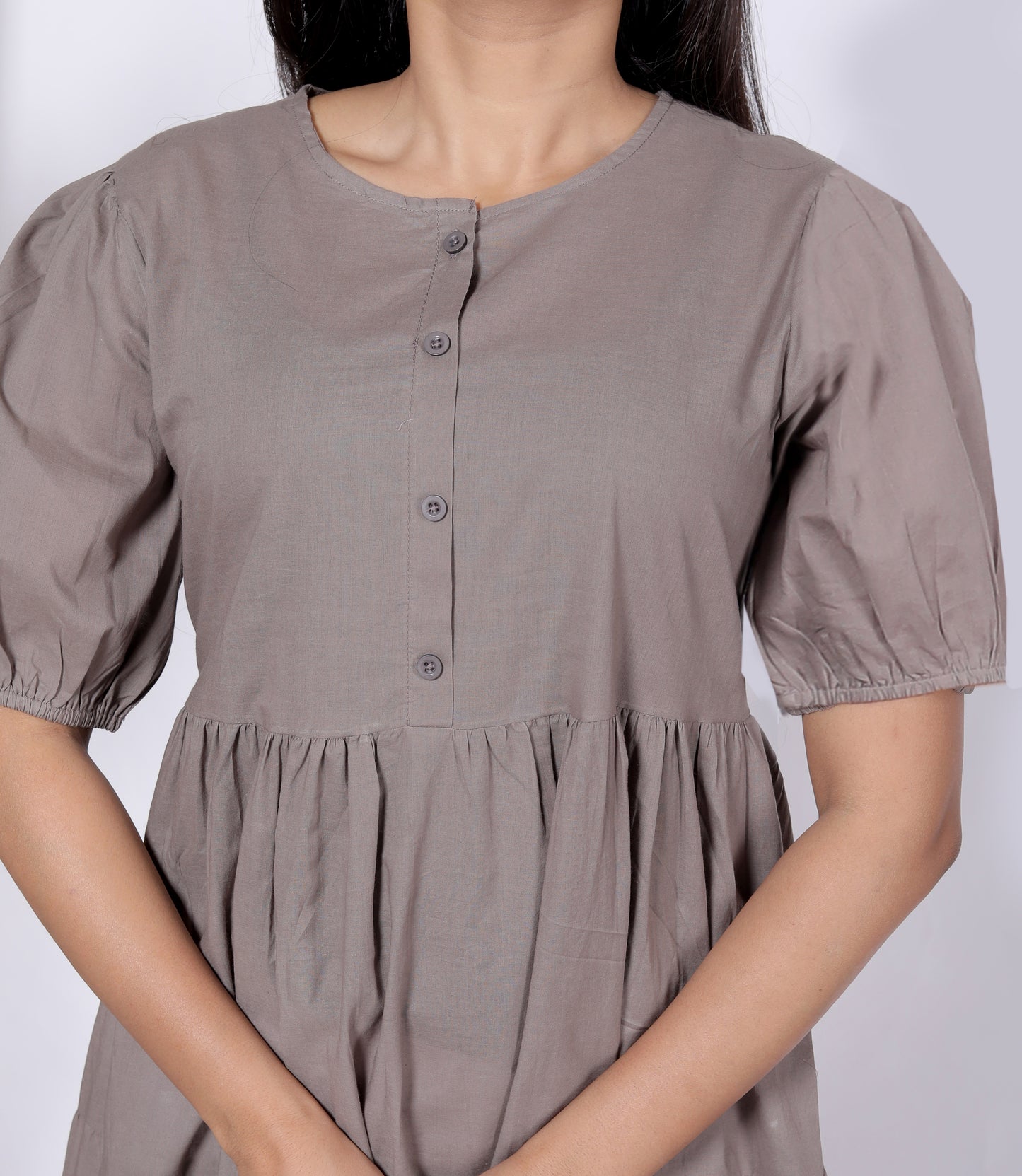 Solid Cotton Tiered Midi Dress with Puff Sleeves