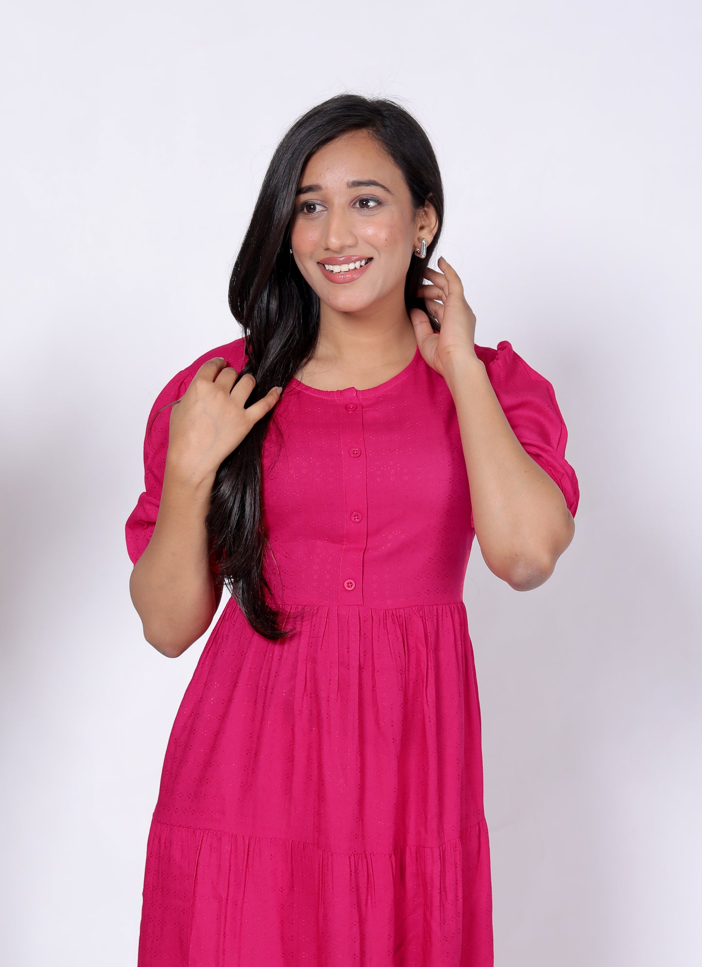 Solid Cotton Tiered Midi Dress with Puff Sleeves