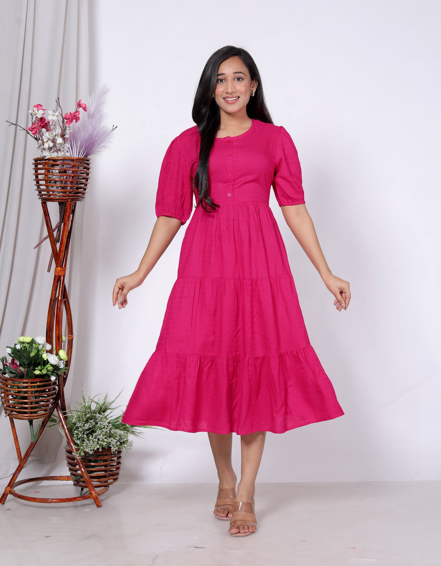 Solid Cotton Tiered Midi Dress with Puff Sleeves