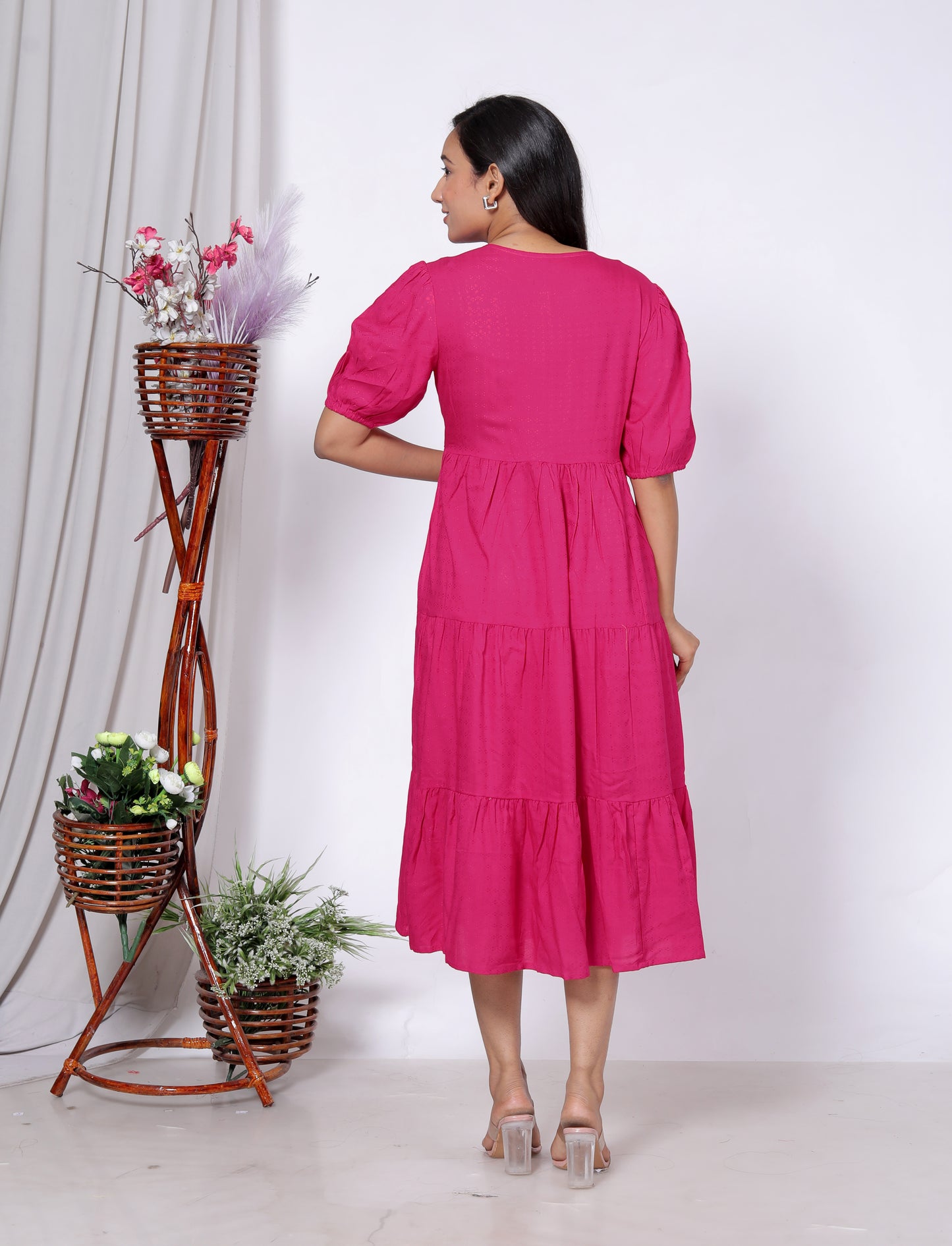 Solid Cotton Tiered Midi Dress with Puff Sleeves