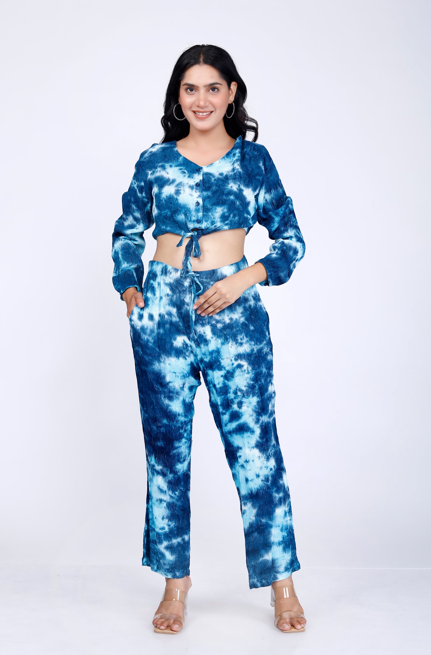 Sakura Blue Tie-Dye Button-Down Co-ords Two-Piece Set