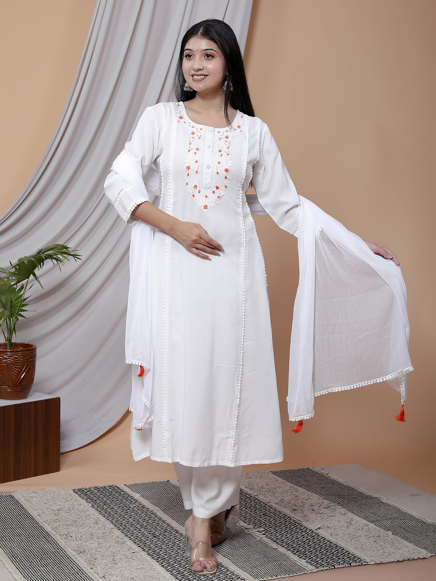 Elegant White Embroidered Kurta Set with Palazzo and Dupatta | 100% Liva Viscose Rayon Staple