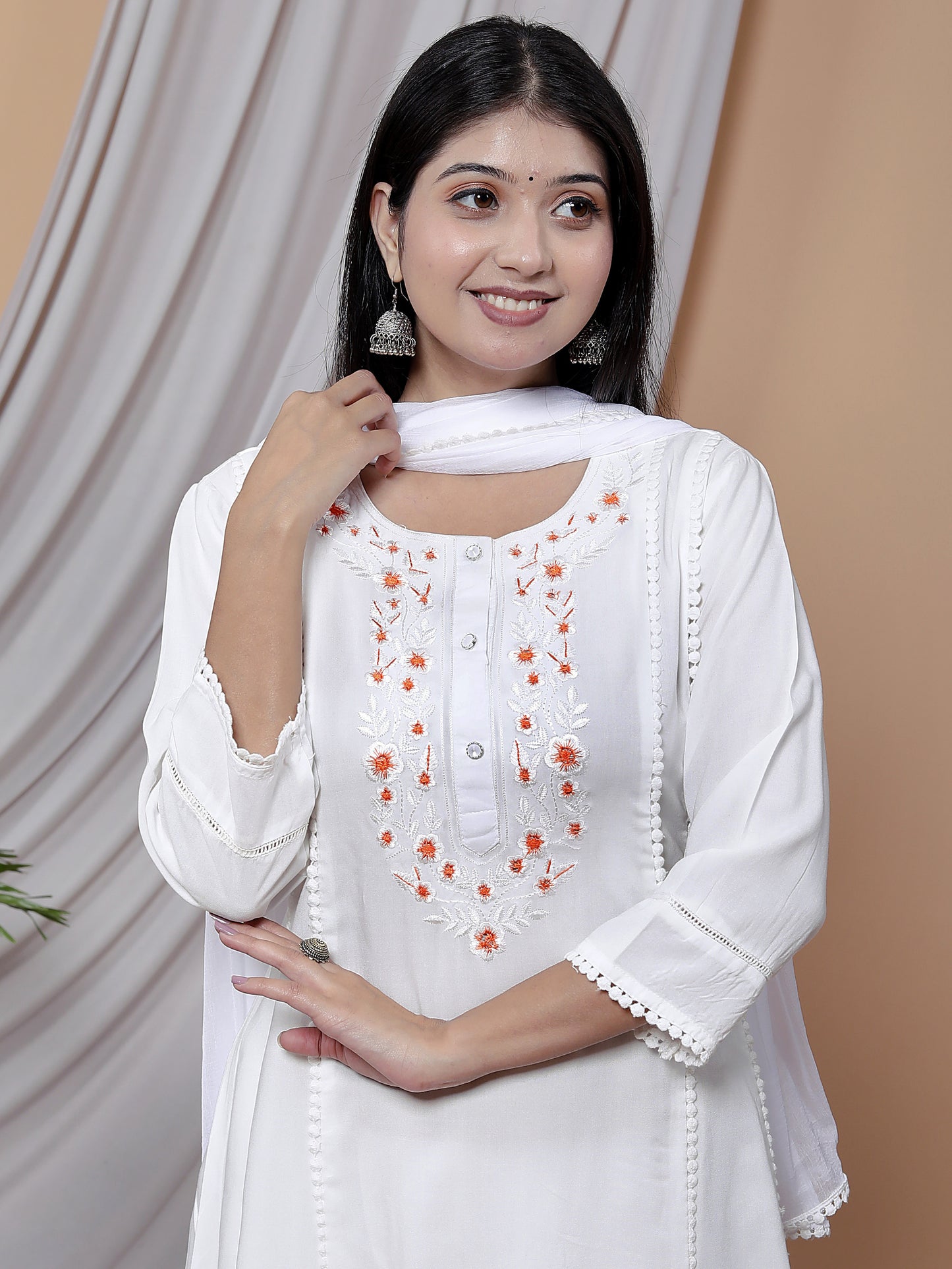 Elegant White Embroidered Kurta Set with Palazzo and Dupatta | 100% Liva Viscose Rayon Staple