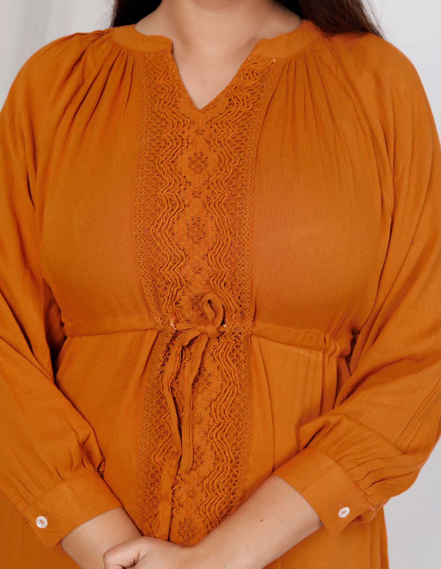Rust V-Neck Lace Detail Topwear for Women – 100% Liva Rayon Crepe | Soft, Flowy & Breathable | Casual & Office Wear