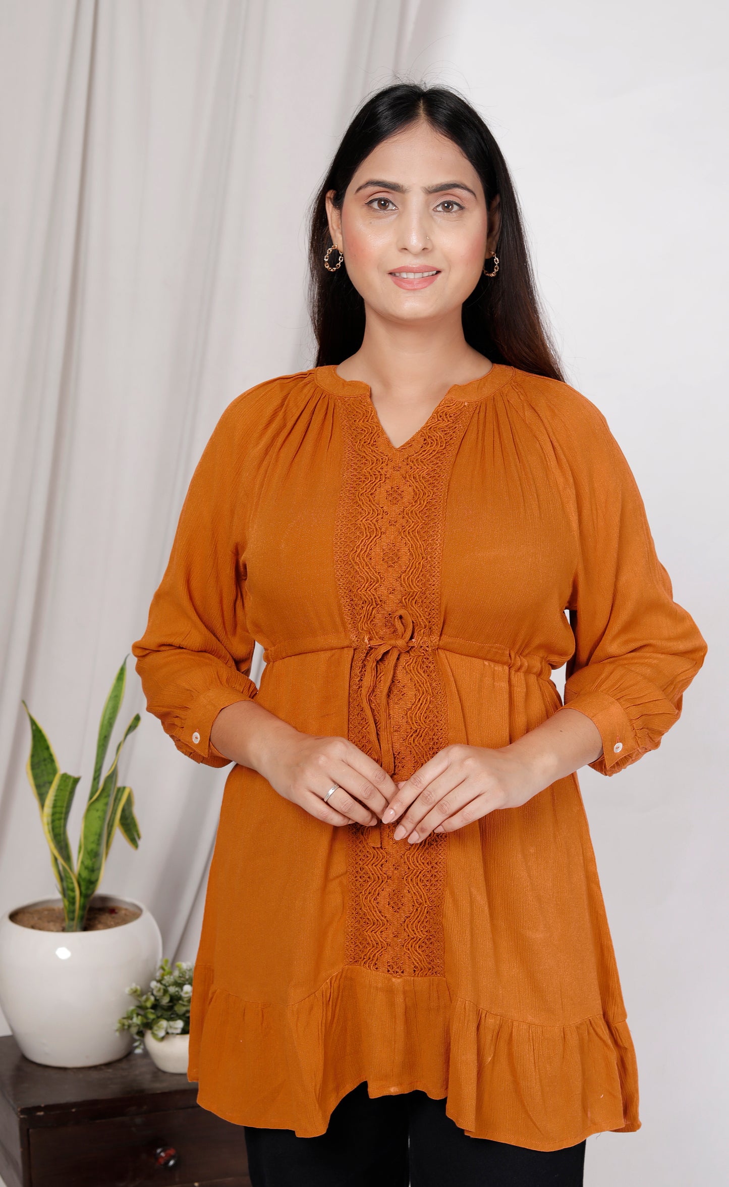 Rust V-Neck Lace Detail Topwear for Women – 100% Liva Rayon Crepe | Soft, Flowy & Breathable | Casual & Office Wear