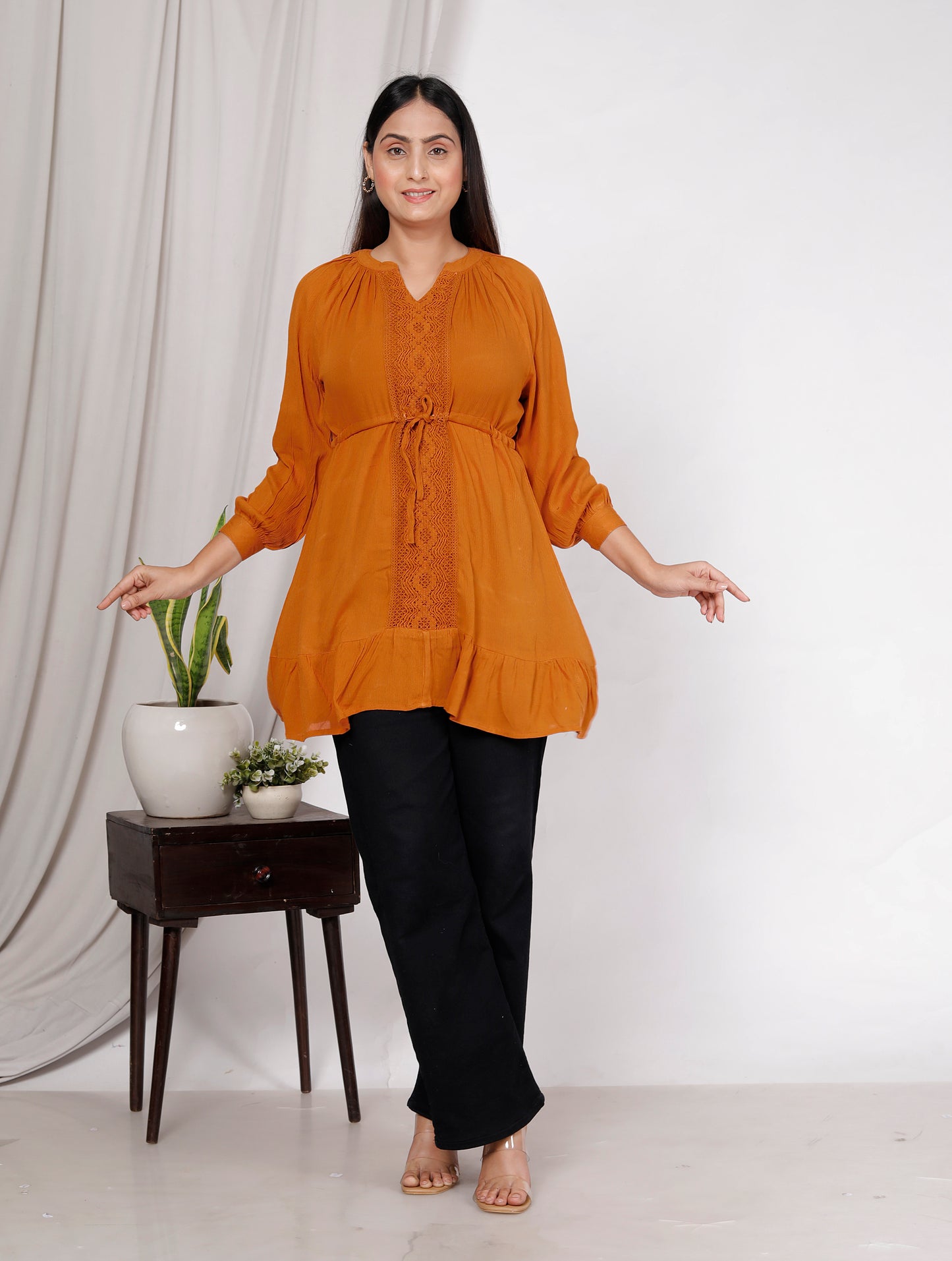 Rust V-Neck Lace Detail Topwear for Women – 100% Liva Rayon Crepe | Soft, Flowy & Breathable | Casual & Office Wear