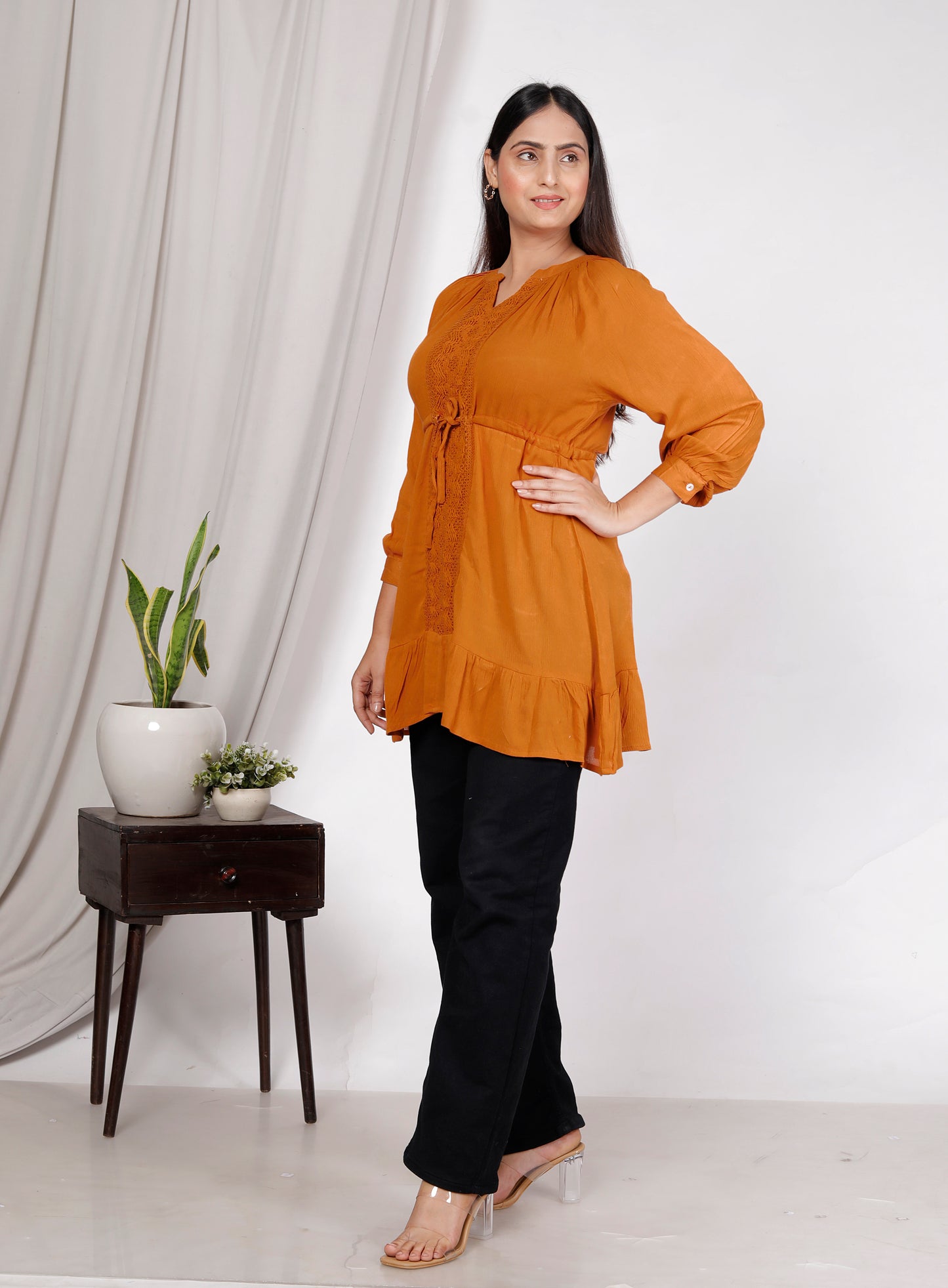 Rust V-Neck Lace Detail Topwear for Women – 100% Liva Rayon Crepe | Soft, Flowy & Breathable | Casual & Office Wear
