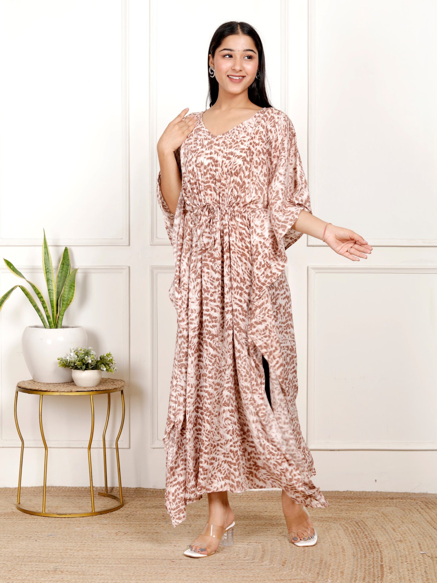 Trendy Animal Print Kaftan Dress for Women in Liva Rayon Crepe by Sakura