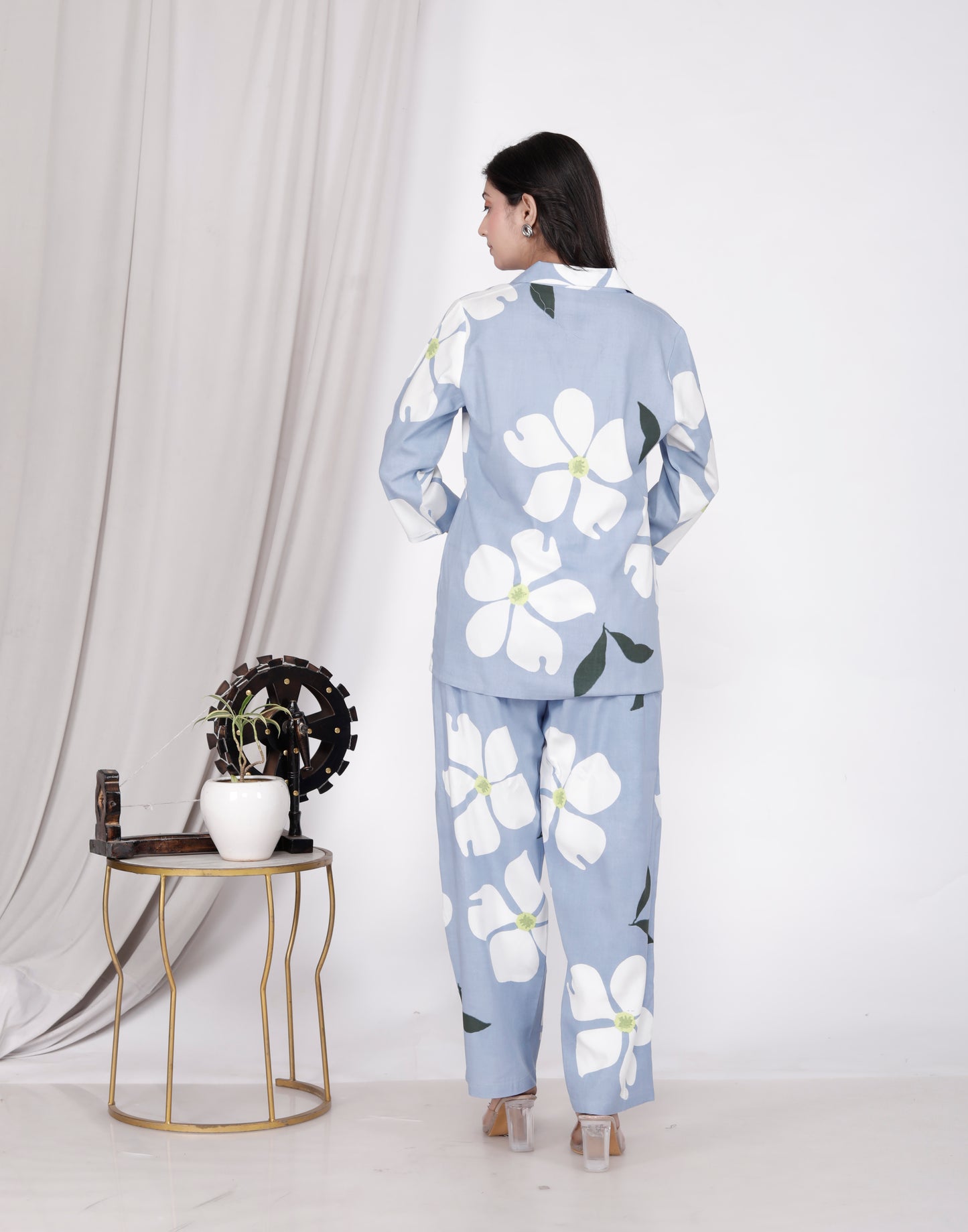 Sakura Women's Blue Floral Co-ord Set | Relaxed Fit 2-Piece Outfit in 100% Liva Rayon
