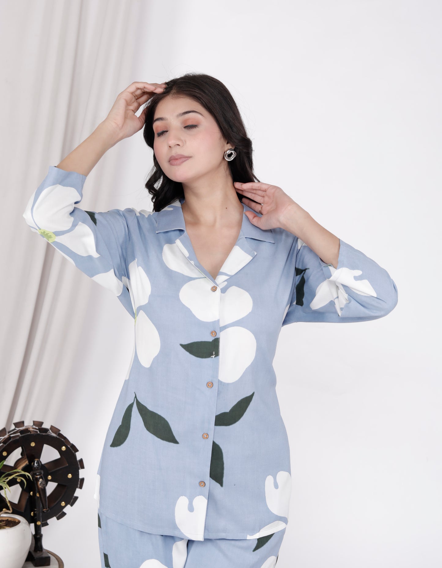 Sakura Women's Blue Floral Co-ord Set | Relaxed Fit 2-Piece Outfit in 100% Liva Rayon