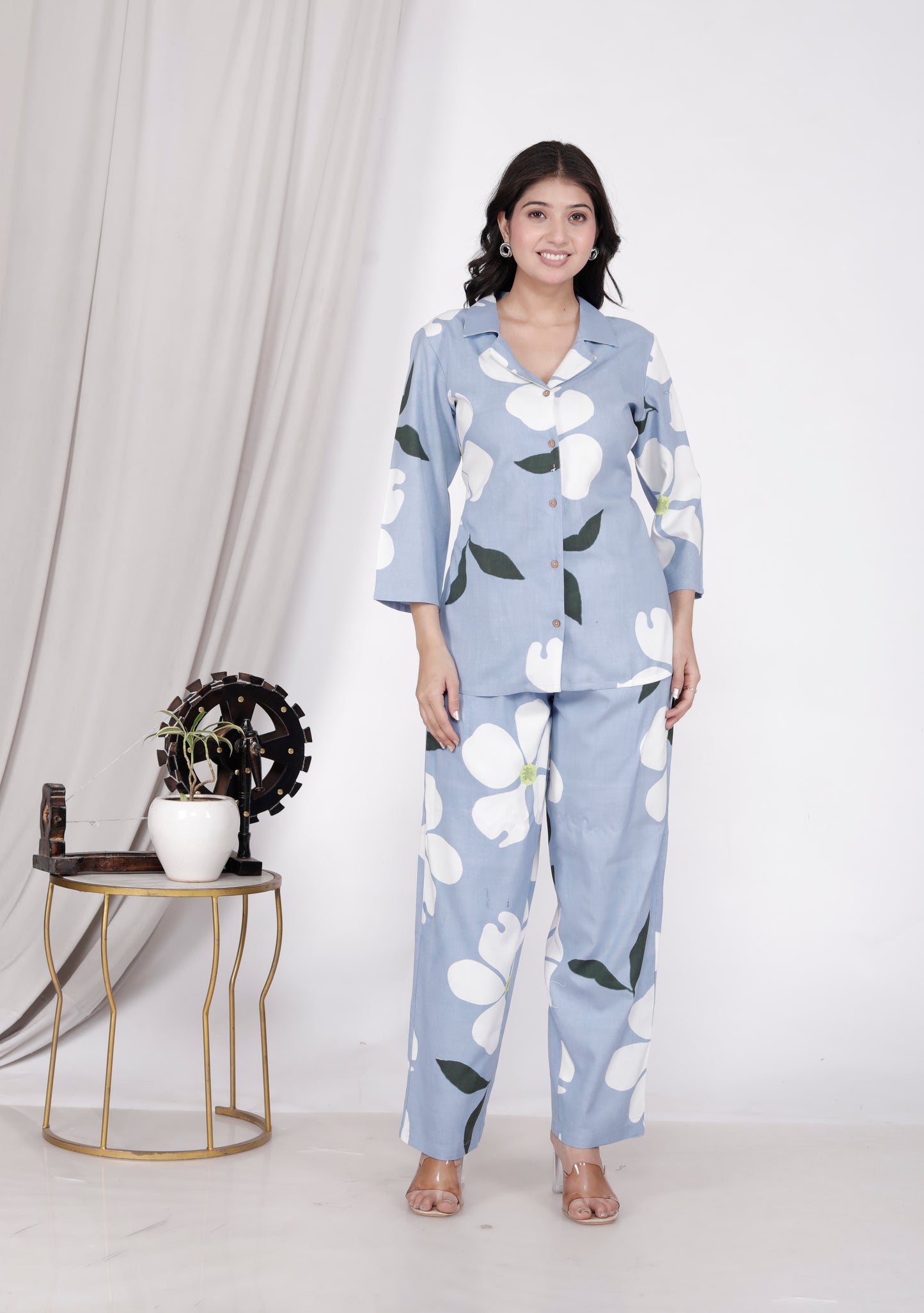 Sakura Women's Blue Floral Co-ord Set | Relaxed Fit 2-Piece Outfit in 100% Liva Rayon