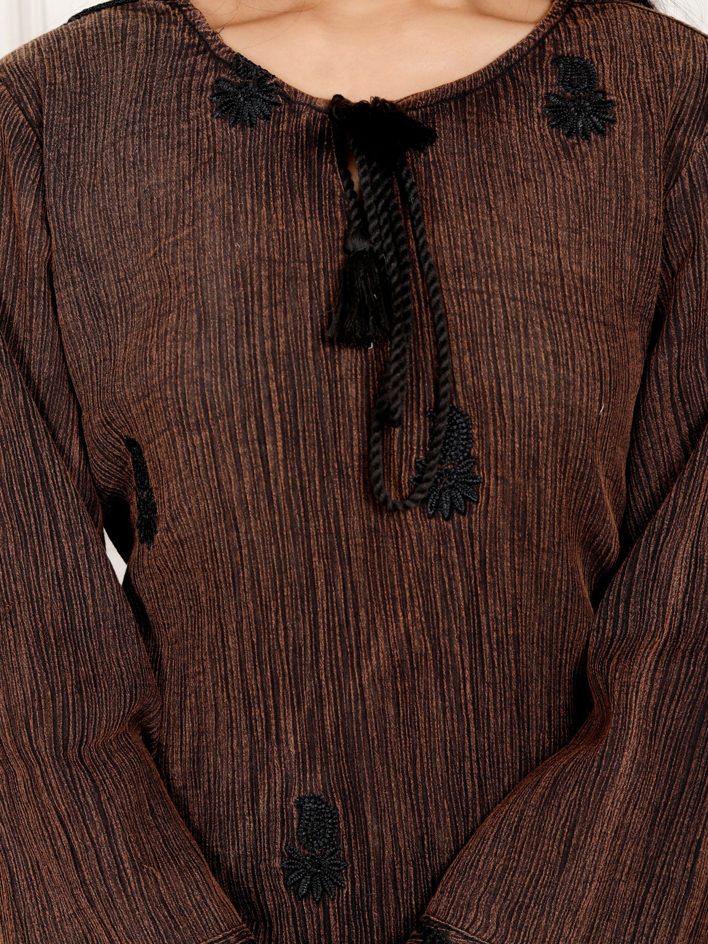 Sakura Women's Coffee Brown Stone-Washed Cotton Crepe Embroidered Tunic with Tassel Tie Neck