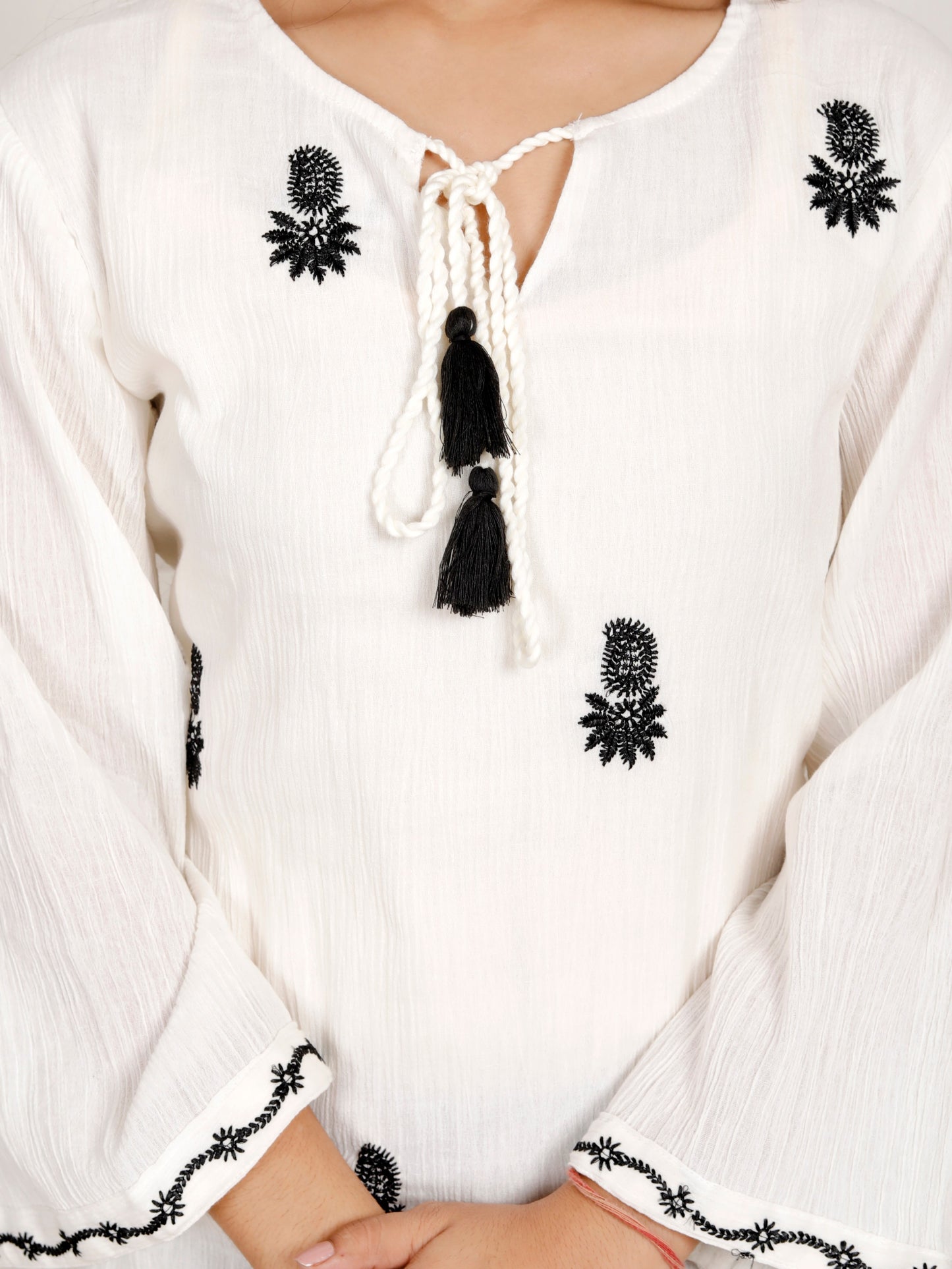 Sakura Women's White Cotton Crepe Embroidered Tunic with Tassel Tie-Up