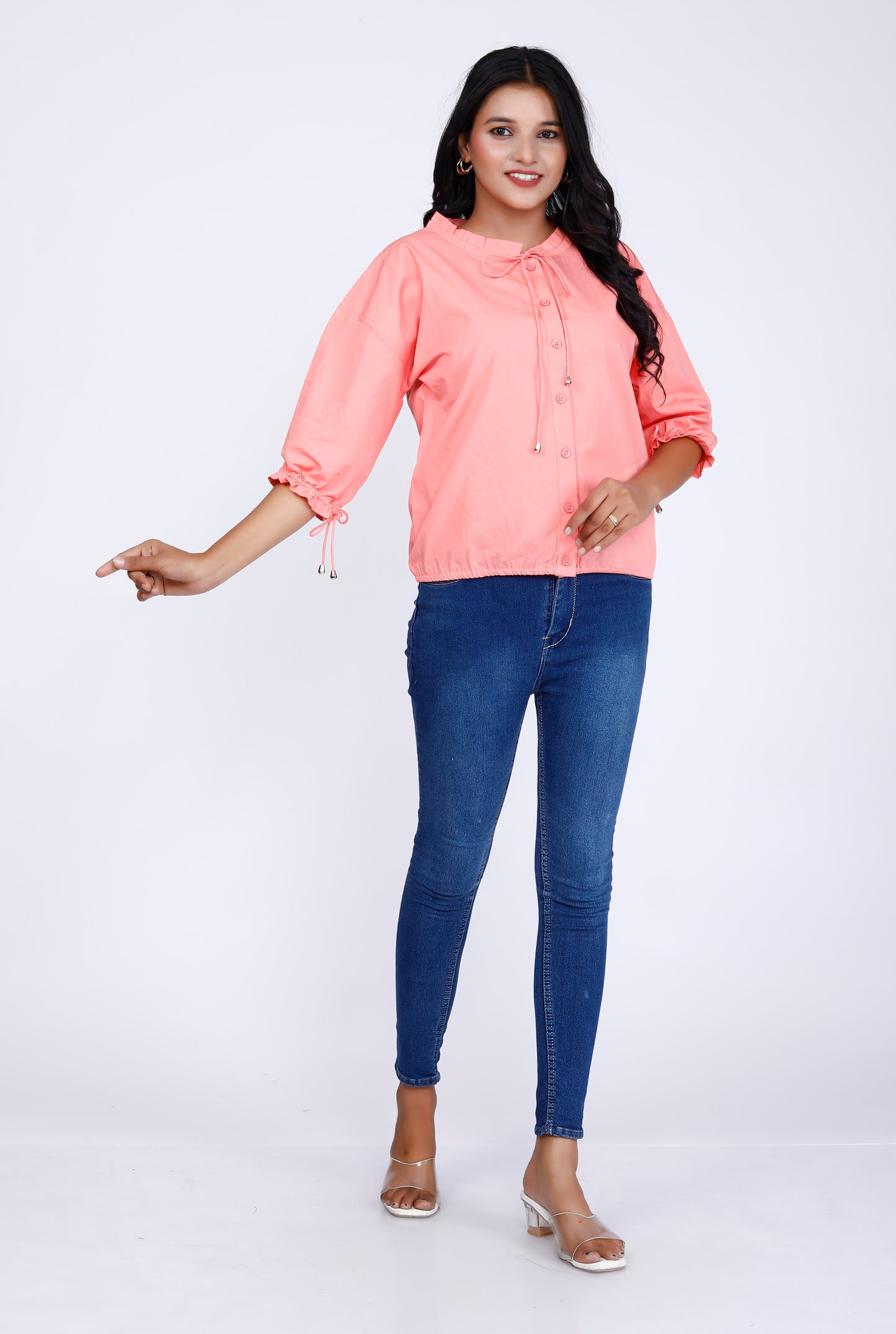 Sakura Elasticated Button-Down Top in Peach