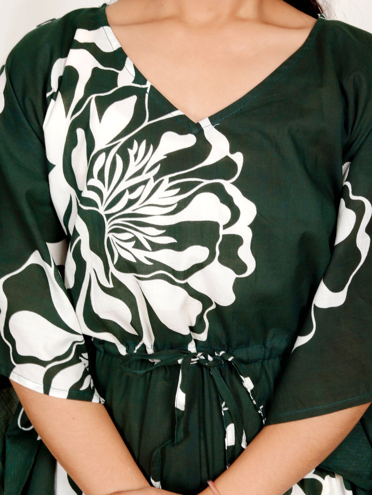 Sakura Women's Green Floral Kaftan Dress | 100% Cambric Cotton | V-Neck with Waist Tie