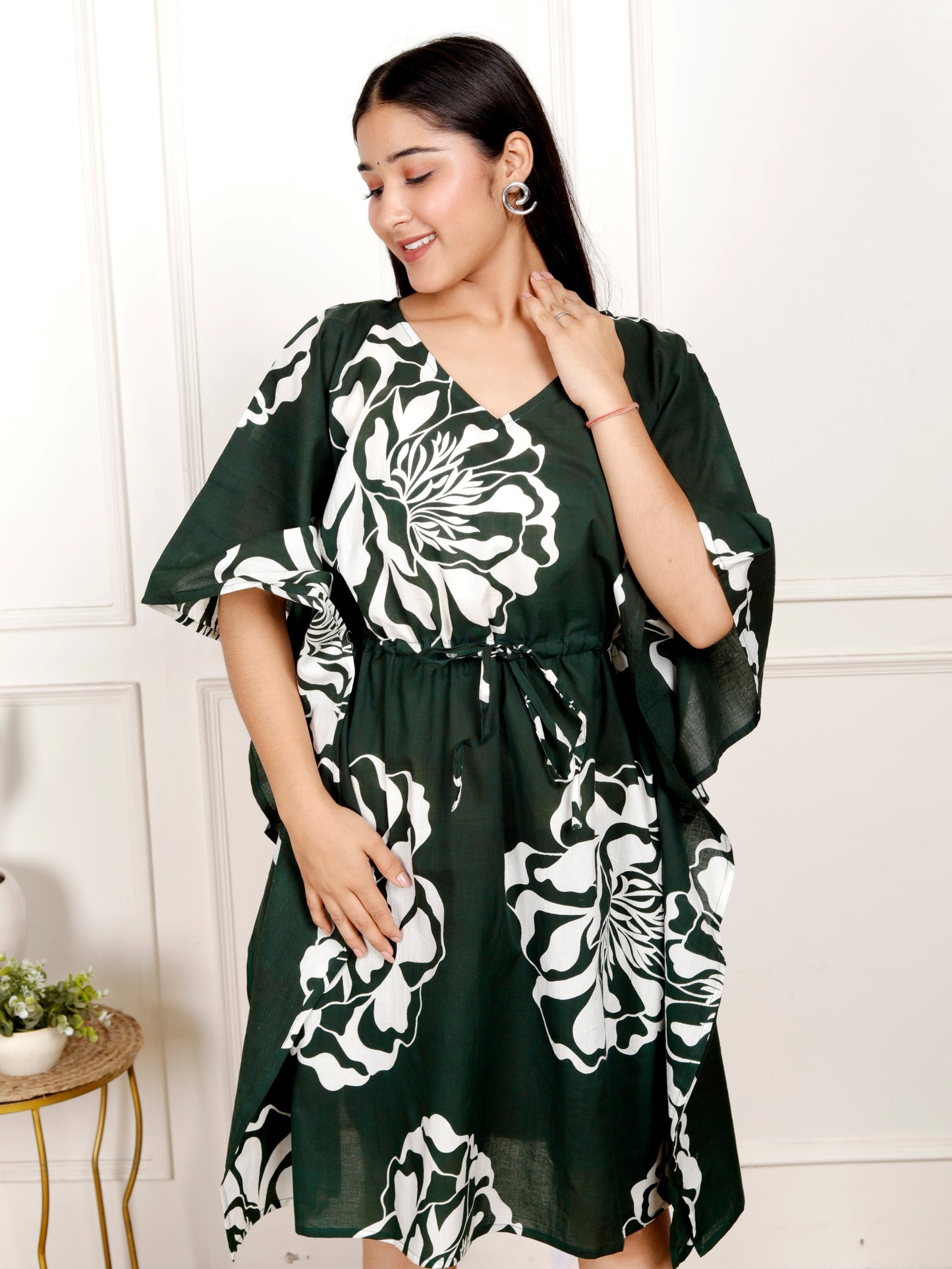 Sakura Women's Green Floral Kaftan Dress | 100% Cambric Cotton | V-Neck with Waist Tie