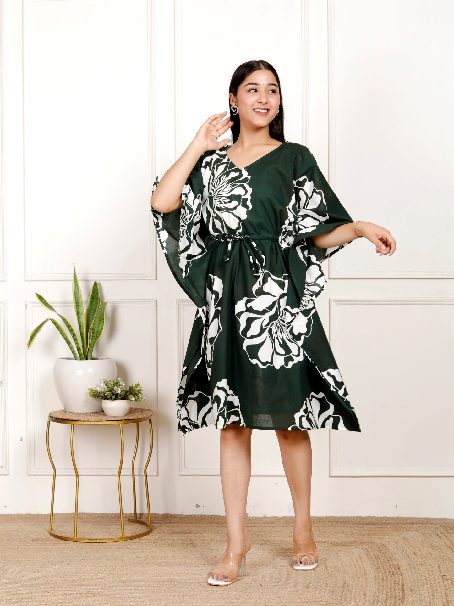 Sakura Women's Green Floral Kaftan Dress | 100% Cambric Cotton | V-Neck with Waist Tie