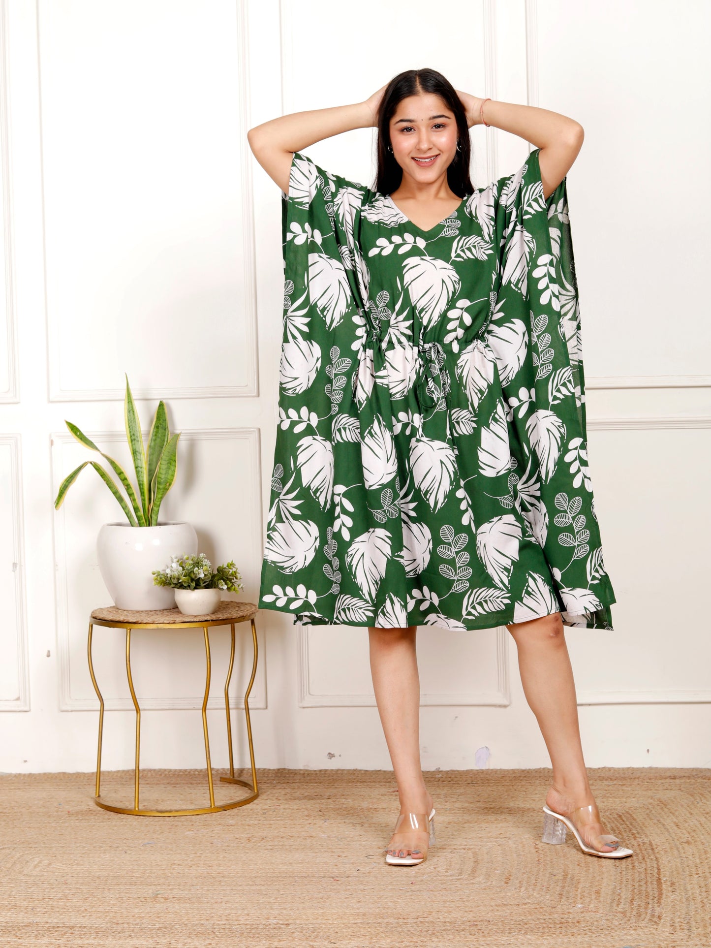 Sakura Women's Green Leaf Print Kaftan Dress | 100% Liva Rayon Staple | Drawstring Waist | Relaxed Fit