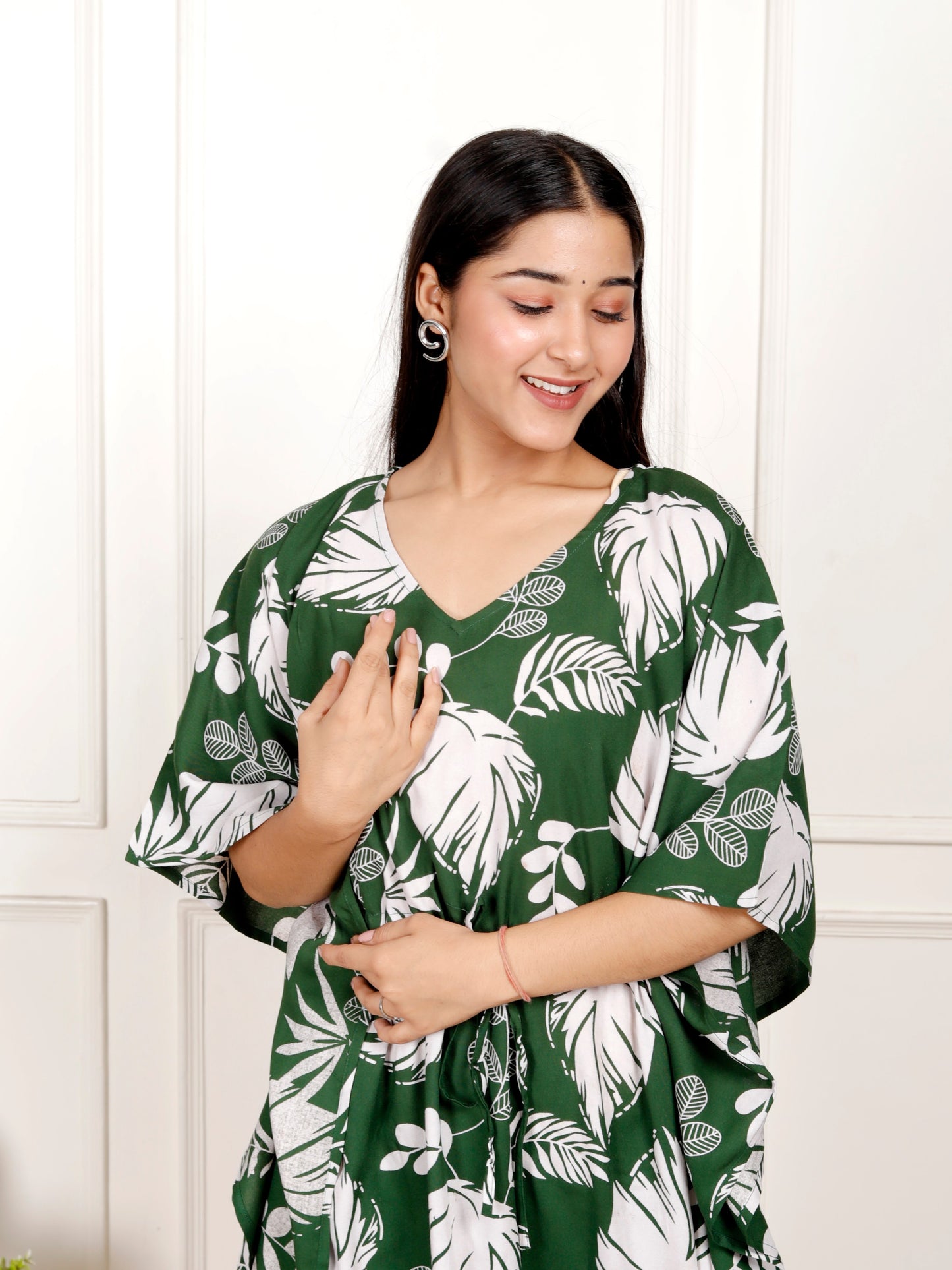 Sakura Women's Green Leaf Print Kaftan Dress | 100% Liva Rayon Staple | Drawstring Waist | Relaxed Fit