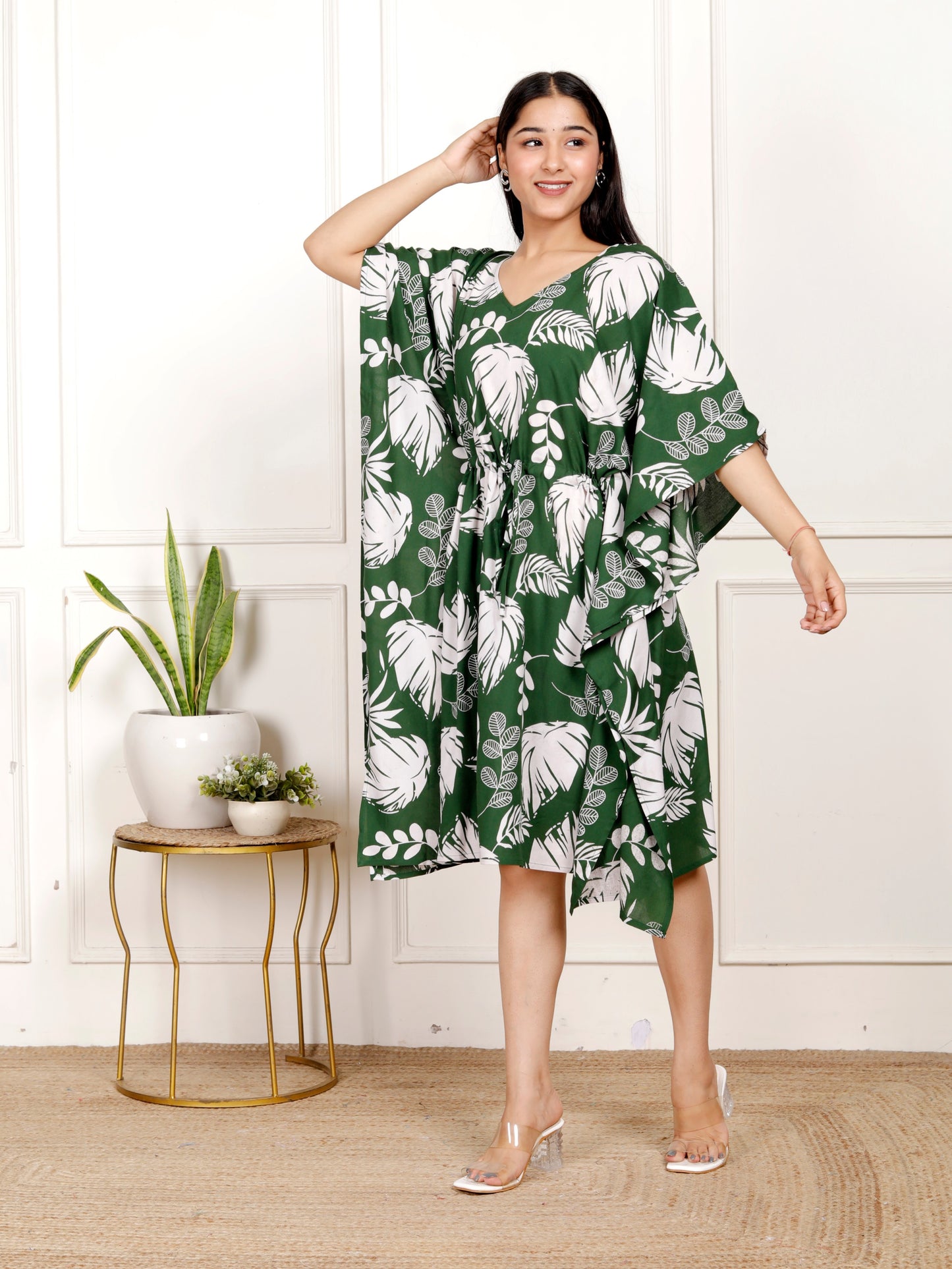 Sakura Women's Green Leaf Print Kaftan Dress | 100% Liva Rayon Staple | Drawstring Waist | Relaxed Fit