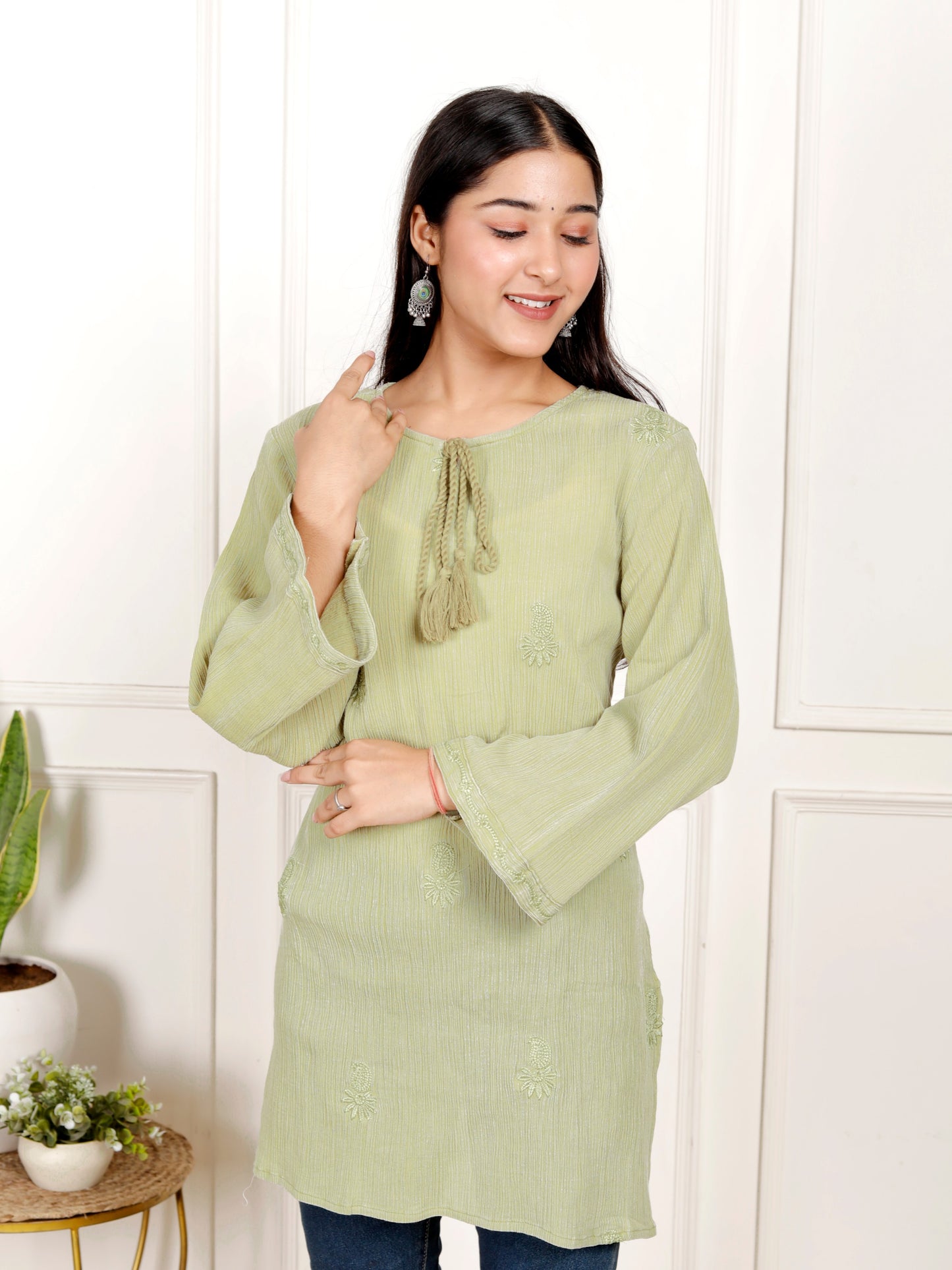 Sakura Women's Light Olive Green Stone-Washed Cotton Crepe Embroidered Tunic with Tassel Neck