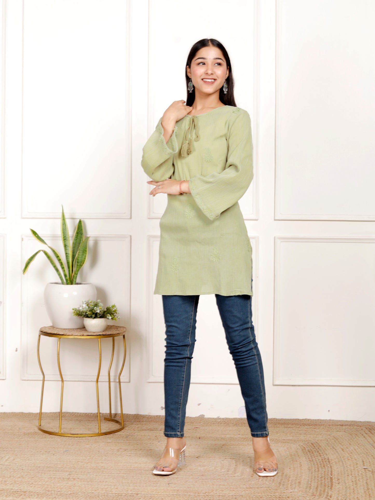 Sakura Women's Light Olive Green Stone-Washed Cotton Crepe Embroidered Tunic with Tassel Neck