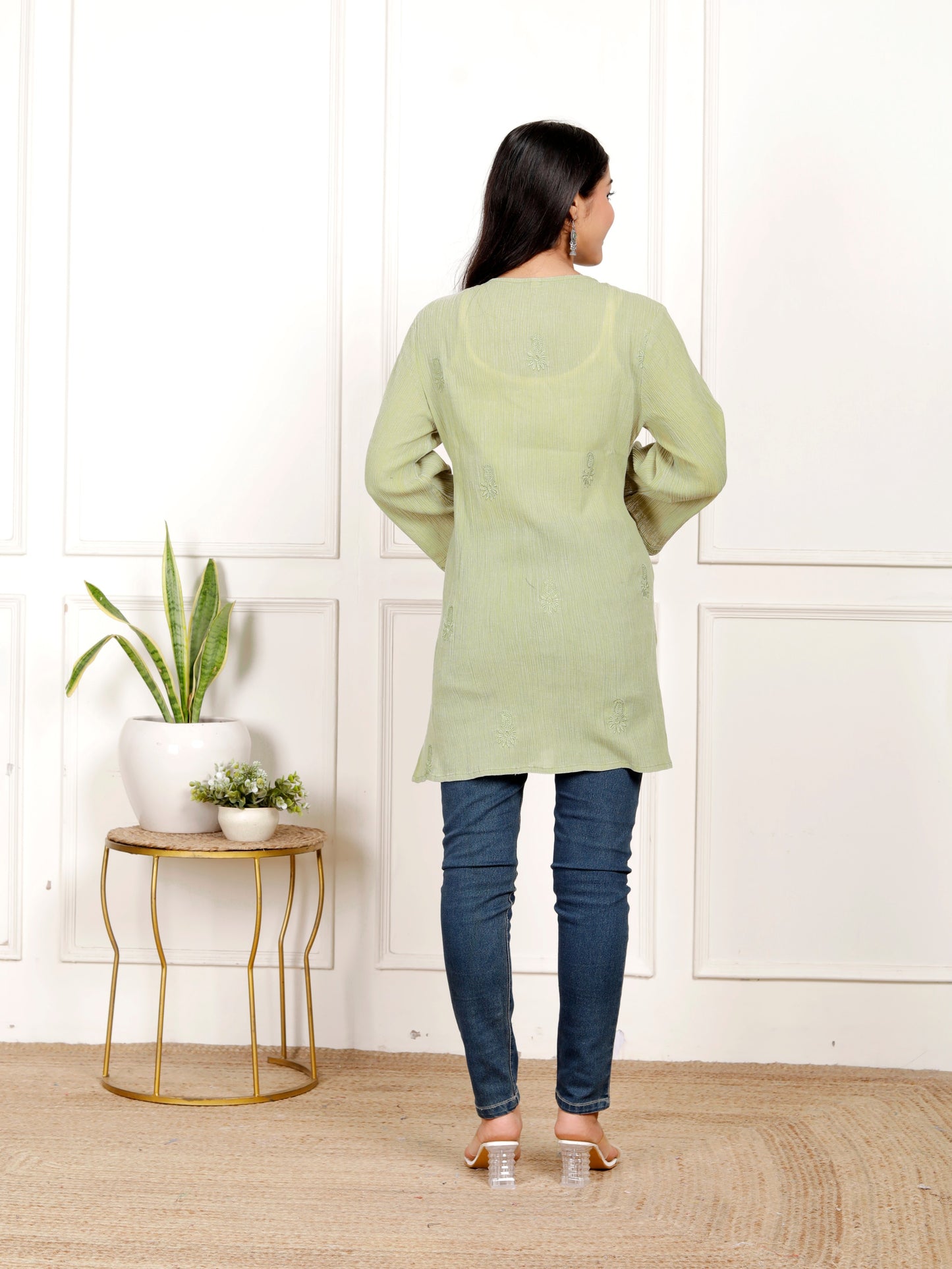 Sakura Women's Light Olive Green Stone-Washed Cotton Crepe Embroidered Tunic with Tassel Neck