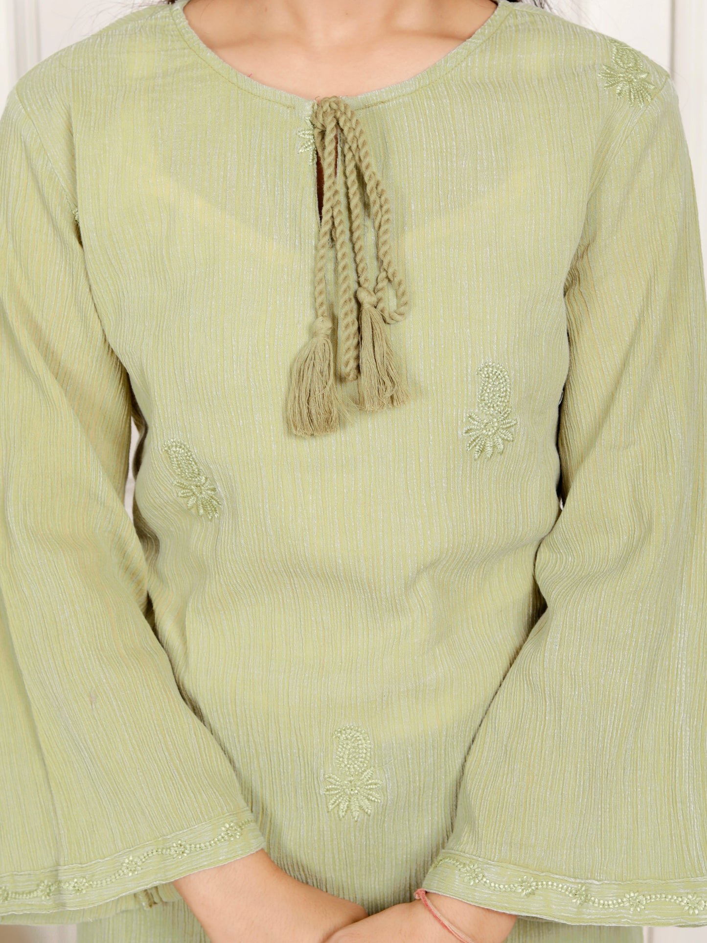 Sakura Women's Light Olive Green Stone-Washed Cotton Crepe Embroidered Tunic with Tassel Neck