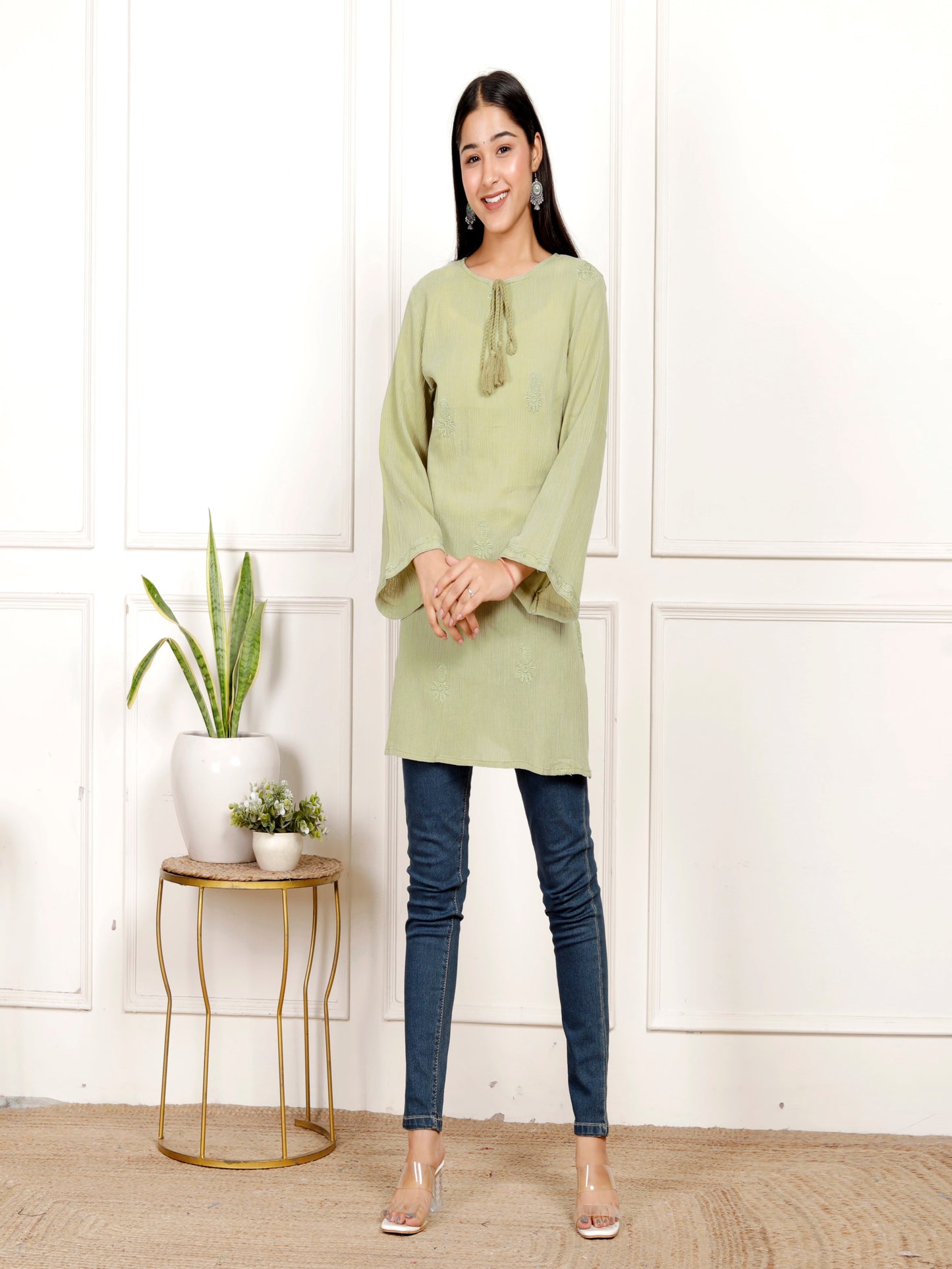 Sakura Women's Light Olive Green Stone-Washed Cotton Crepe Embroidered Tunic with Tassel Neck
