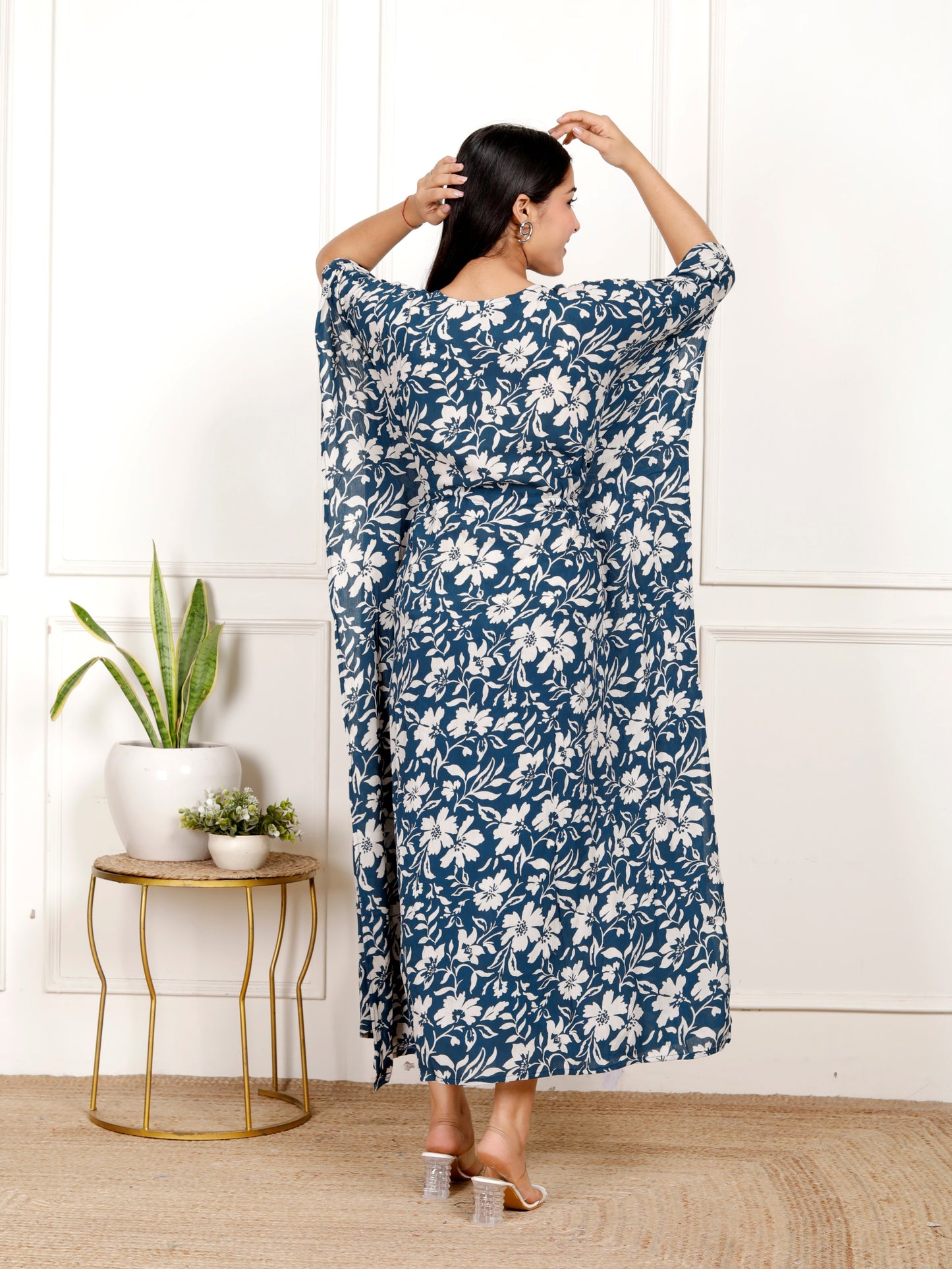 Sakura Women's Navy Blue & Ivory Floral Print Kaftan Dress in Liva Rayon Crepe